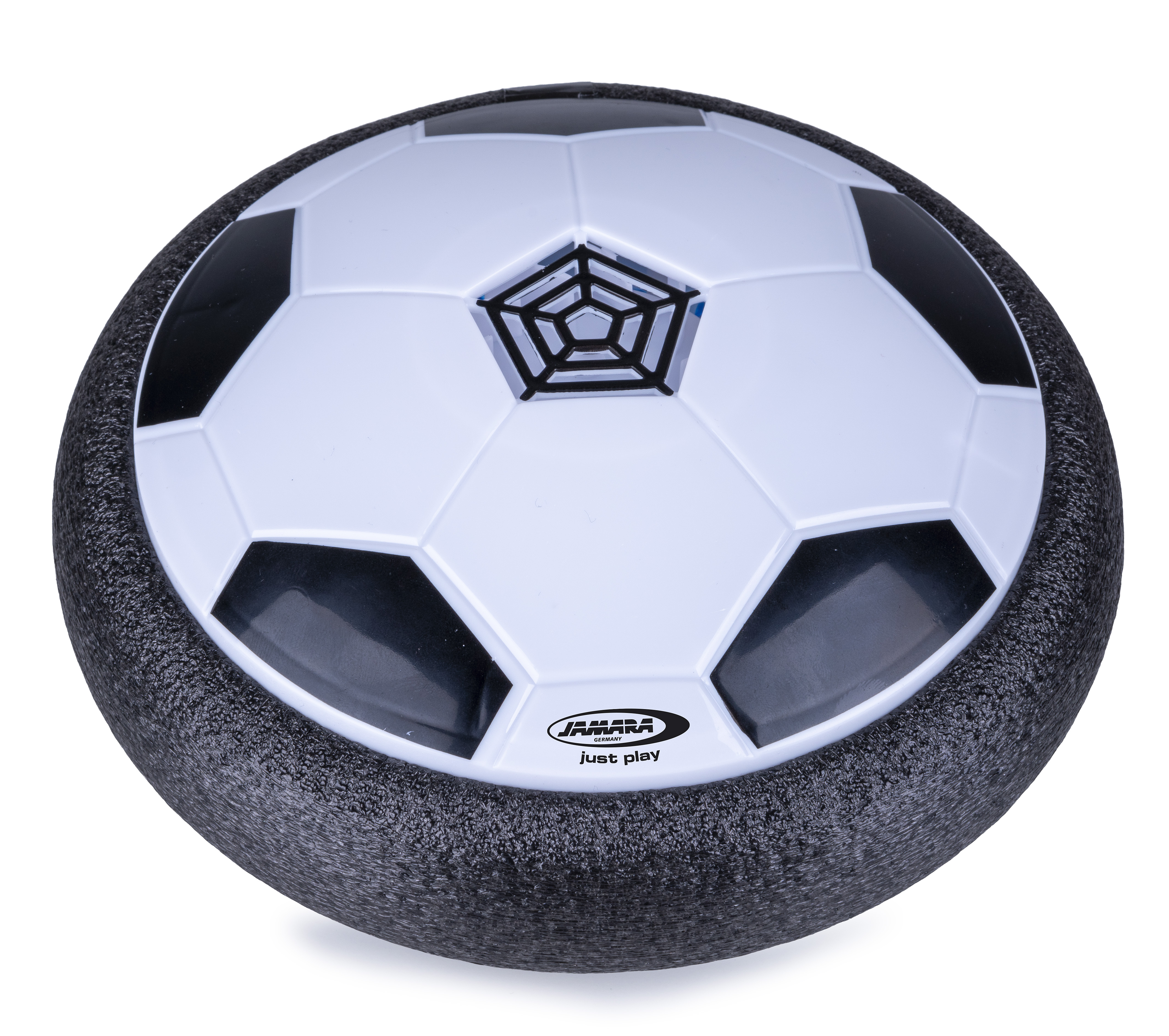 Ein weißer Fußball mit schwarzen Einsätzen und einem schwarzen Schaumstoffrand.