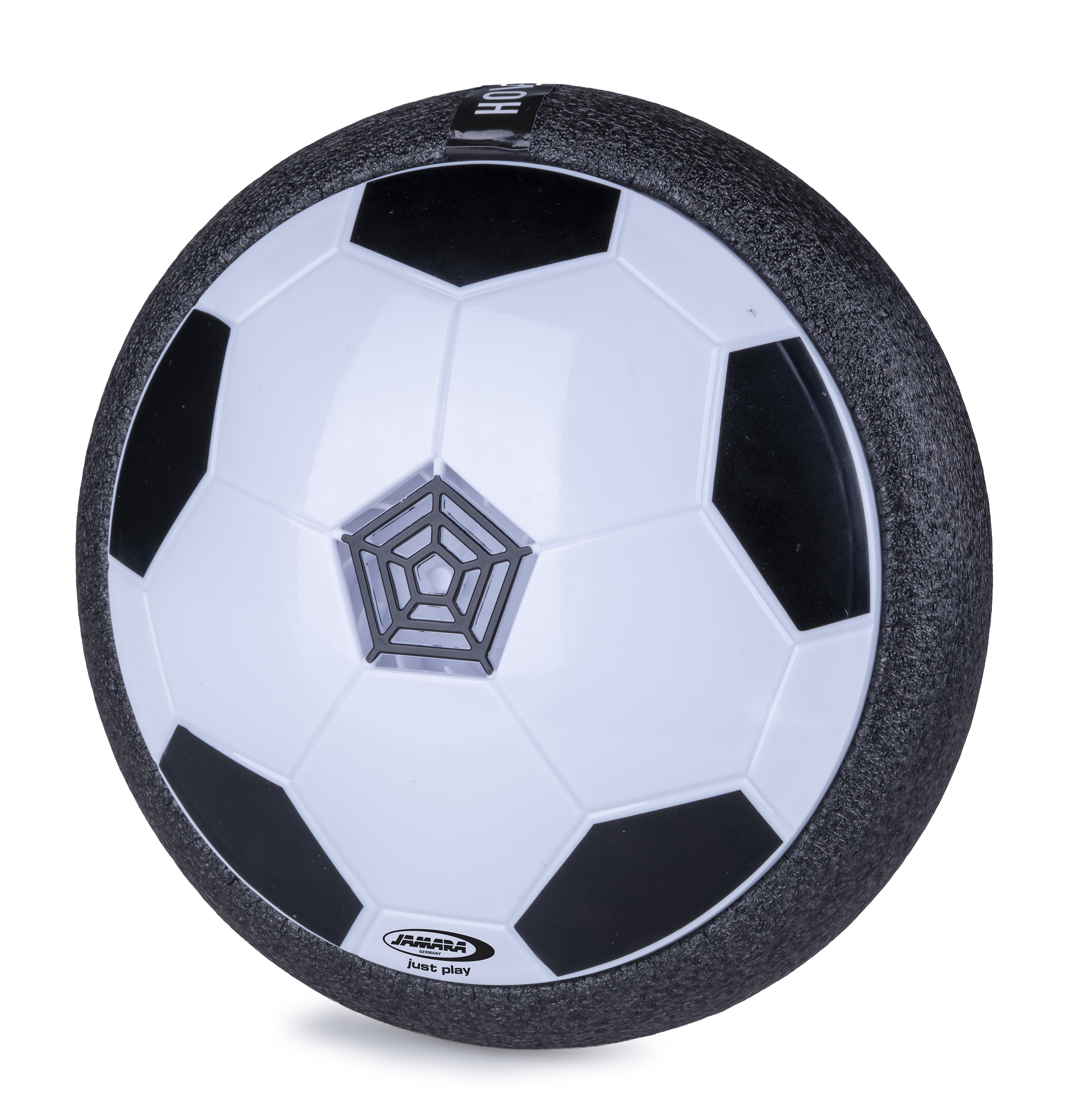 Ein schwarzer und weißer Fußball mit schwarzem Schaumstoffrand auf weißem Hintergrund.