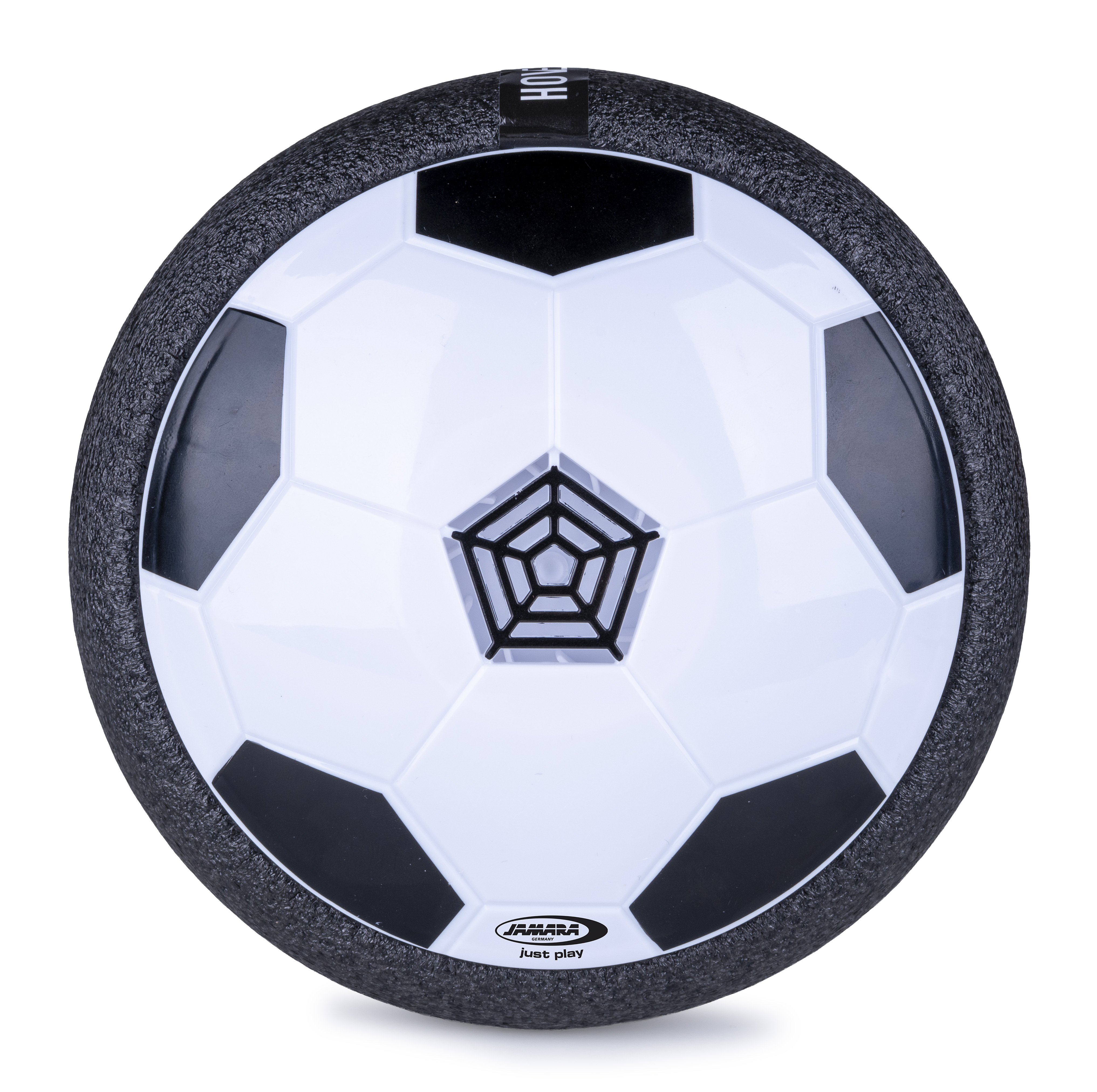 Ein weißer und schwarzer Fußball mit schwarzem Schaumstoffrand und „HOVER“ Aufschrift.