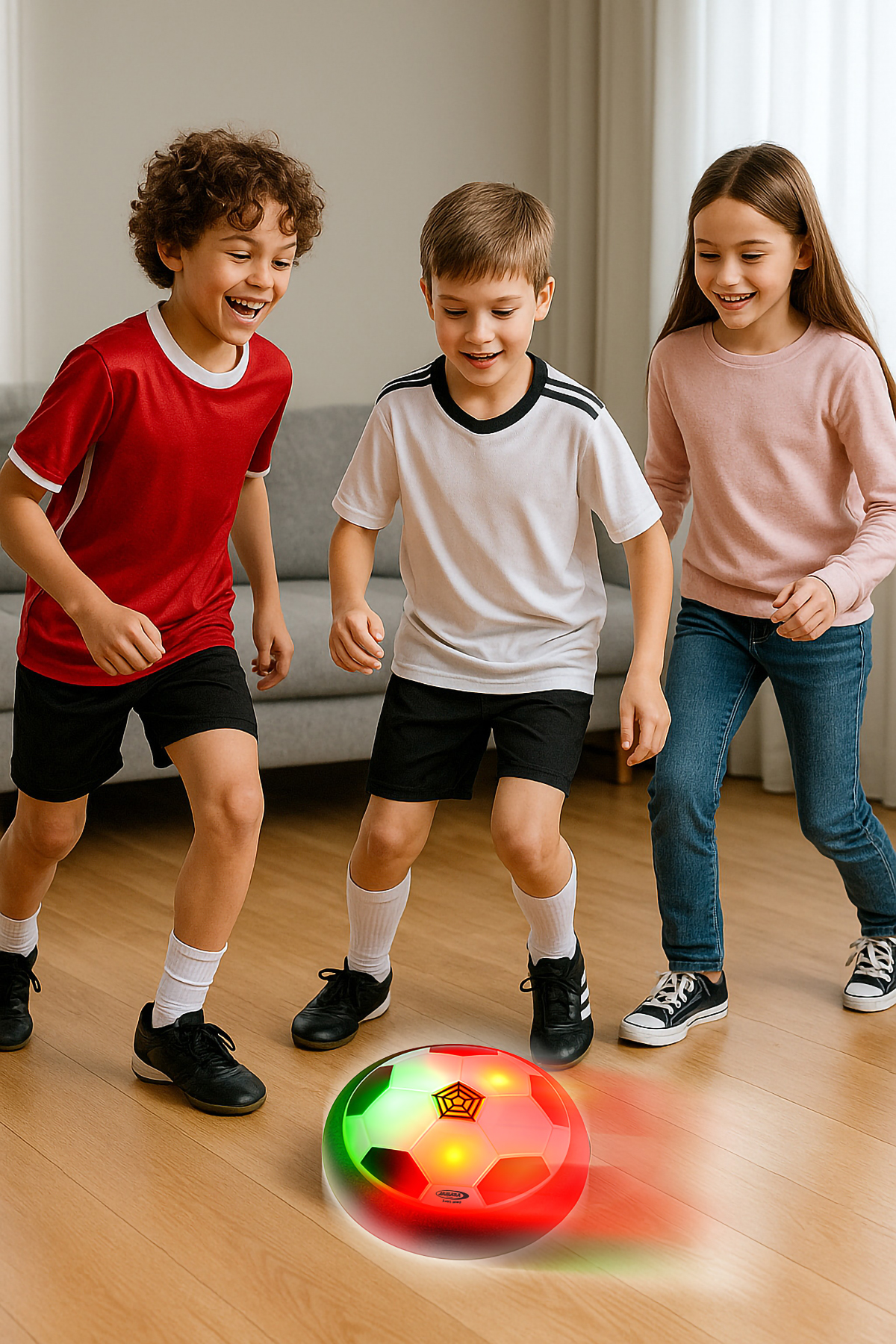 Drei Kinder spielen mit einem leuchtenden Fußball im Haus.