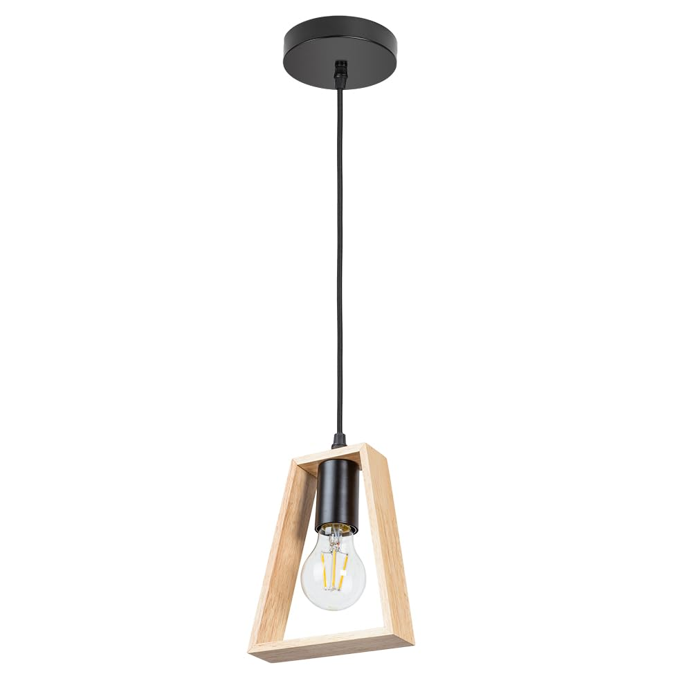 Eine moderne Pendelleuchte mit schwarzer Deckenbefestigung, schwarzem Kabel und Holzrahmen.