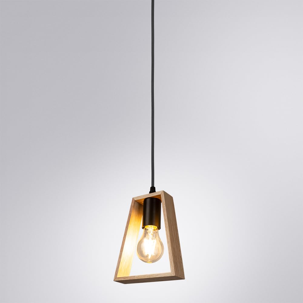 Hängende Lampe mit Holzrahmen und Glühbirne.