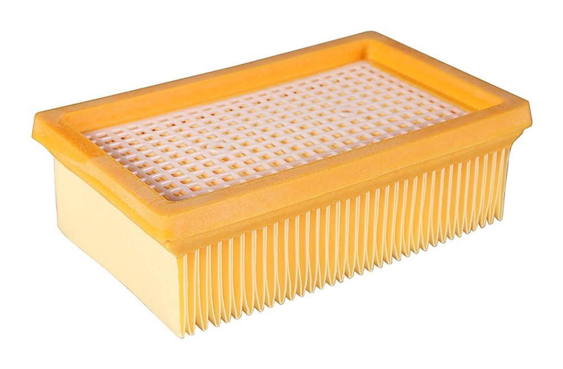 Un filtre à air rectangulaire avec un cadre jaune et une grille blanche.