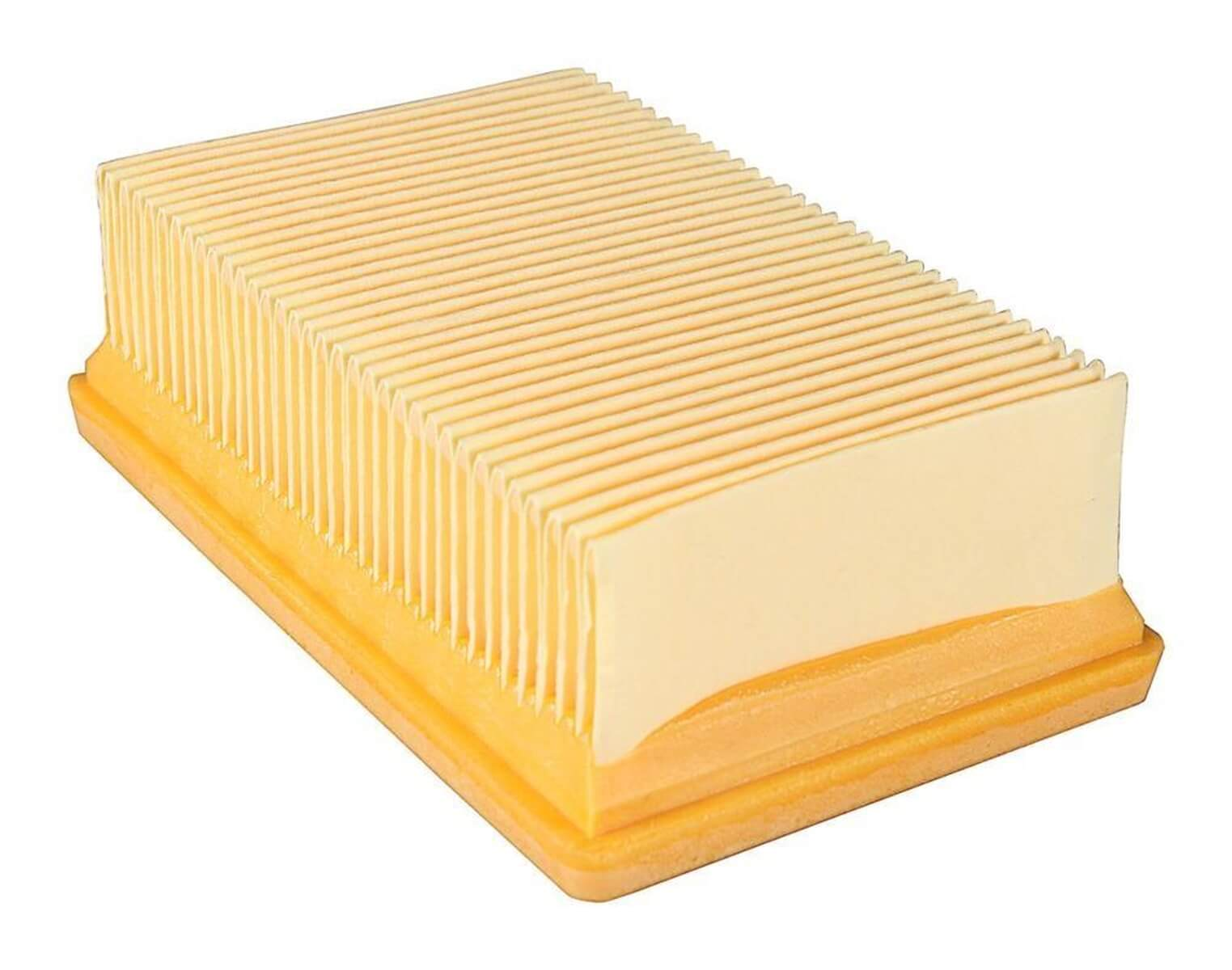 Un filtre à air rectangulaire avec des plis jaunes et un cadre orange.