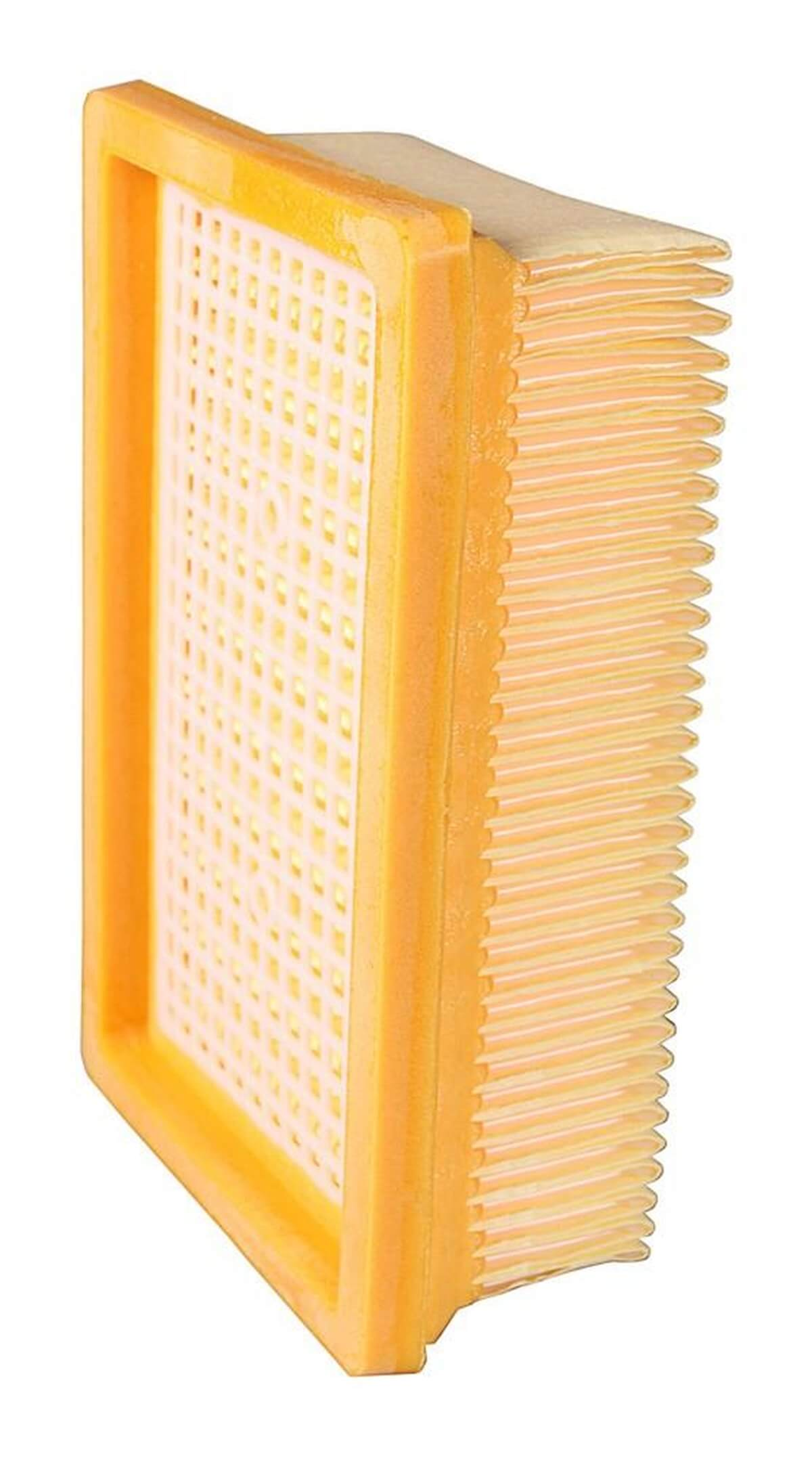 Un filtre à air rectangulaire jaune avec des plis en papier plié.