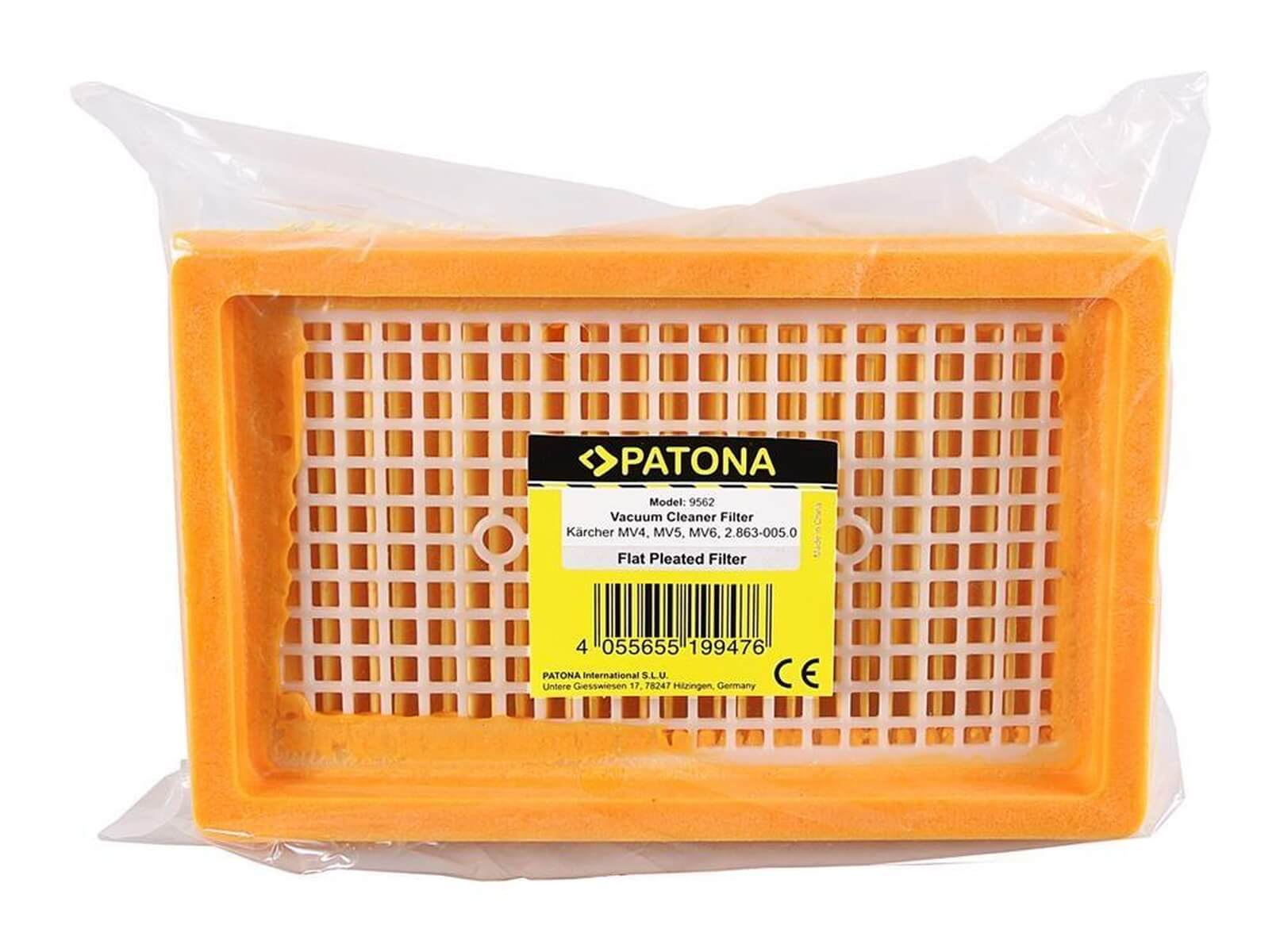 Filtre d'aspirateur orange avec grille blanche, emballé dans du plastique.