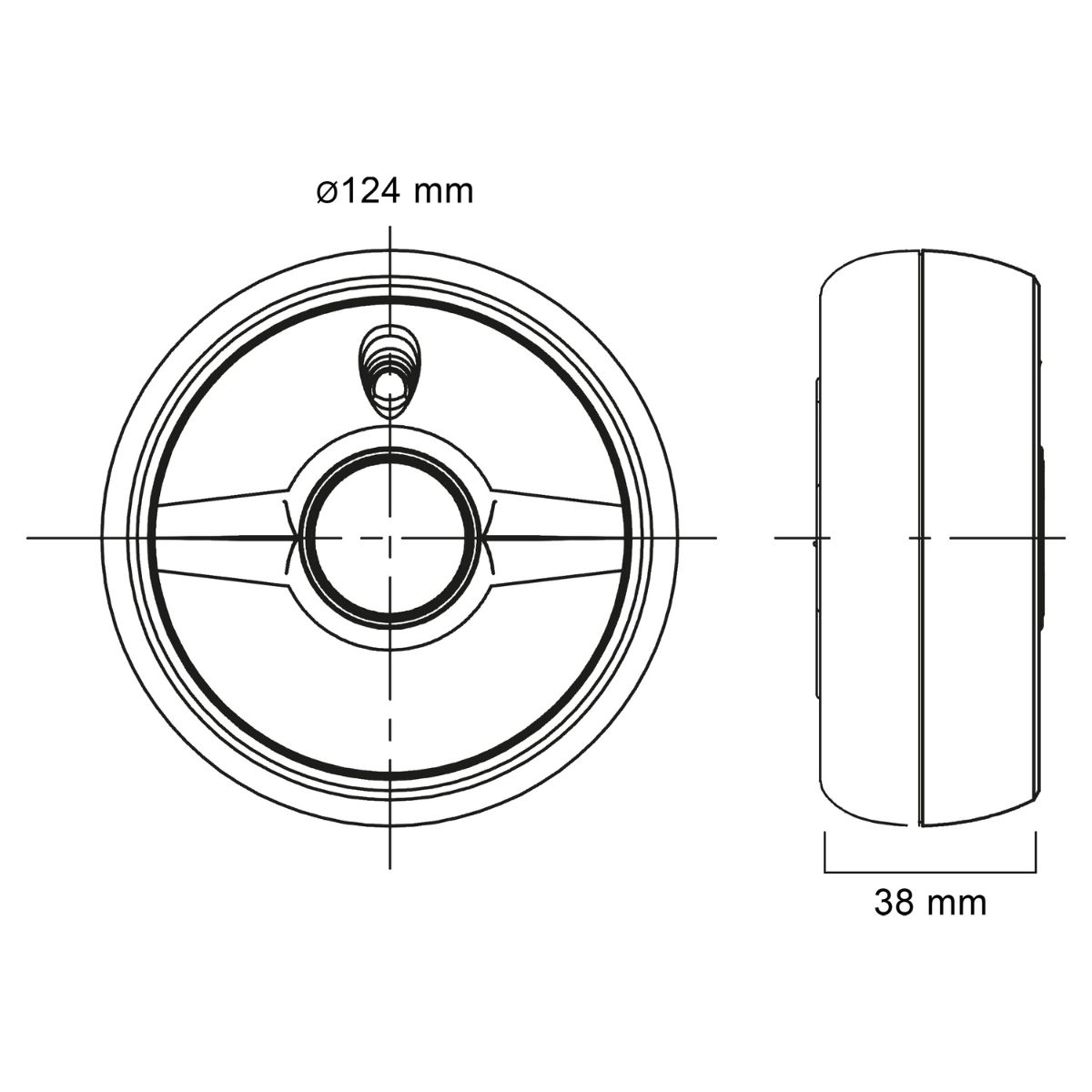Dessin technique d'un objet rond : vue de dessus et de côté, avec dimensions 124mm et 38mm.
