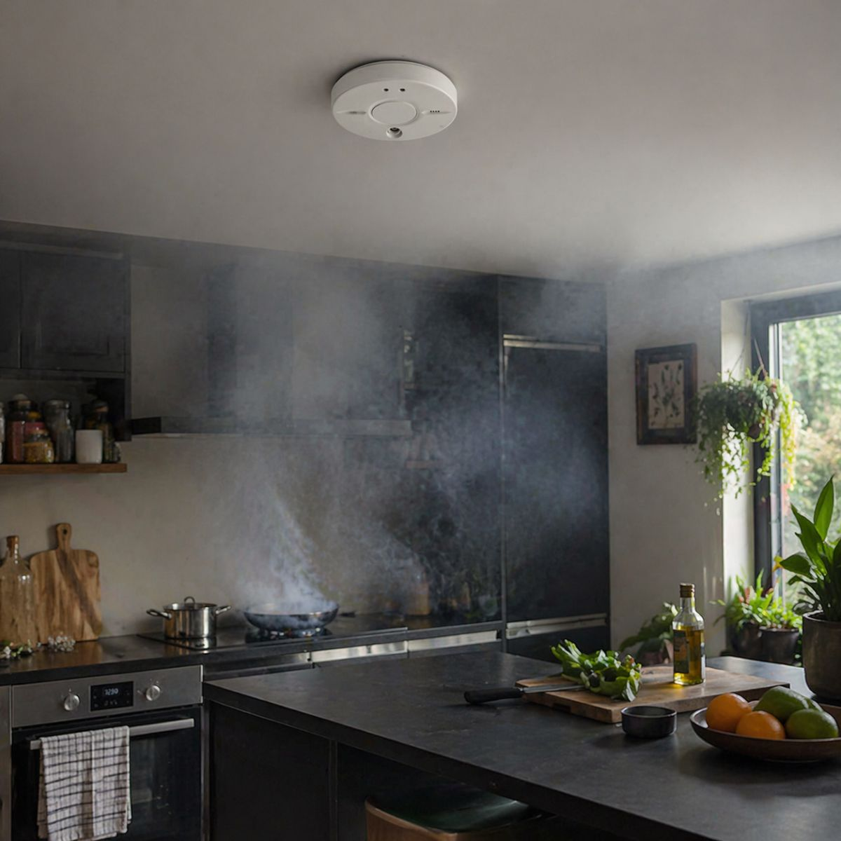 De la fumée s'élève d'une batterie de cuisine dans une cuisine. Un détecteur de fumée est au plafond.