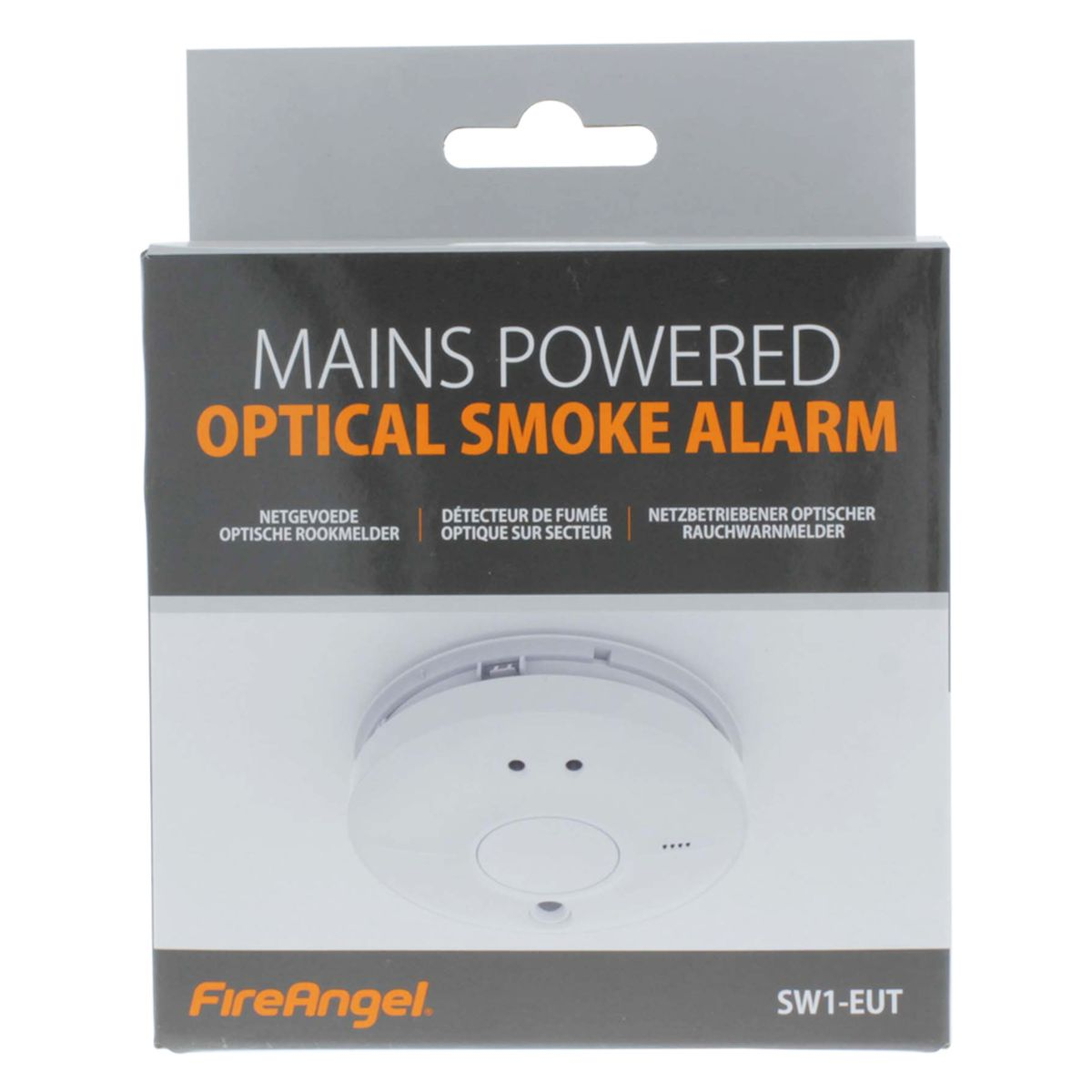 Emballage d'un détecteur de fumée blanc, il est écrit 'MAINS POWERED OPTICAL SMOKE ALARM'.