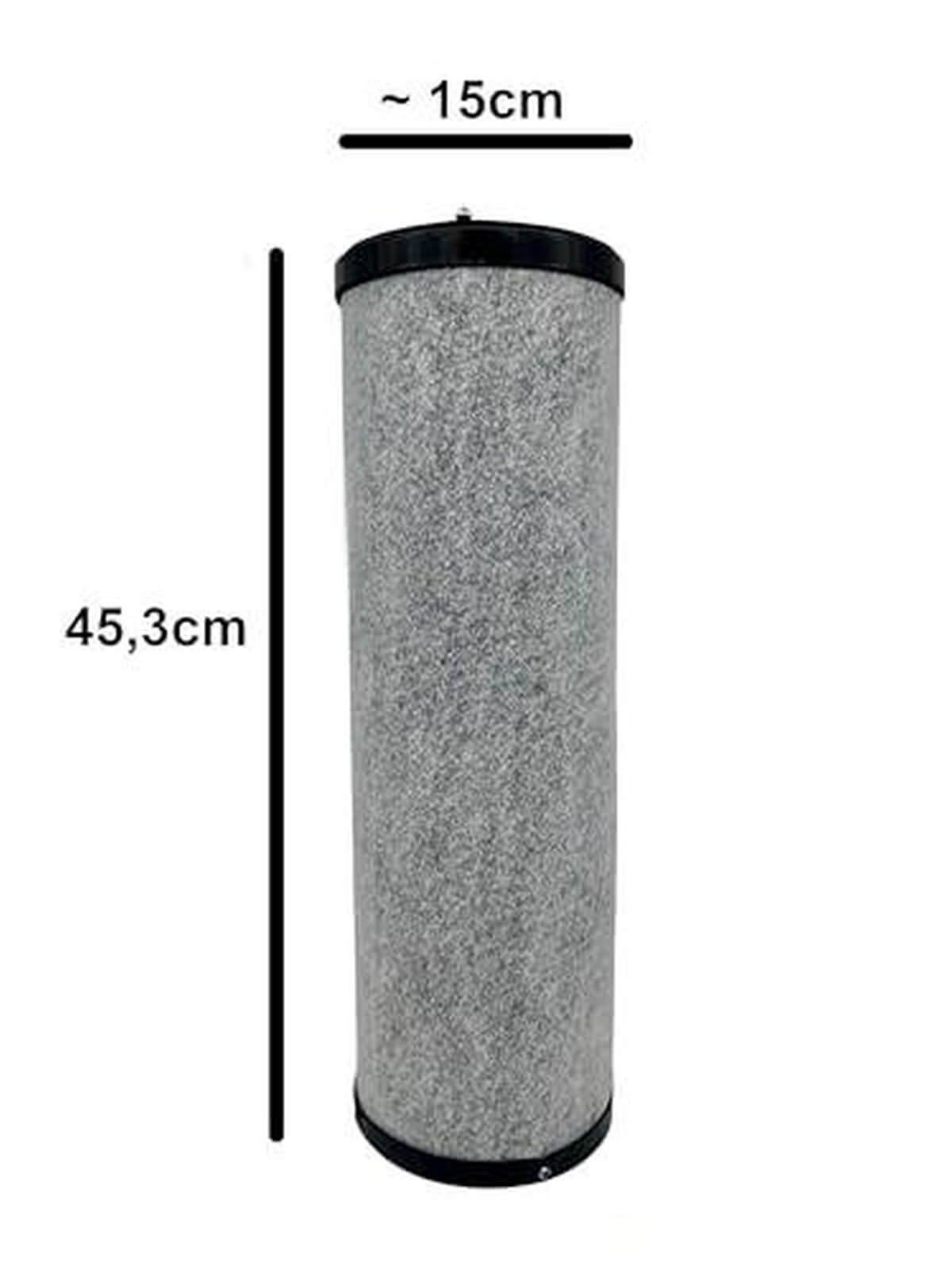 Grauer Filterzylinder, ca. 45,3 cm lang und 15 cm im Durchmesser.