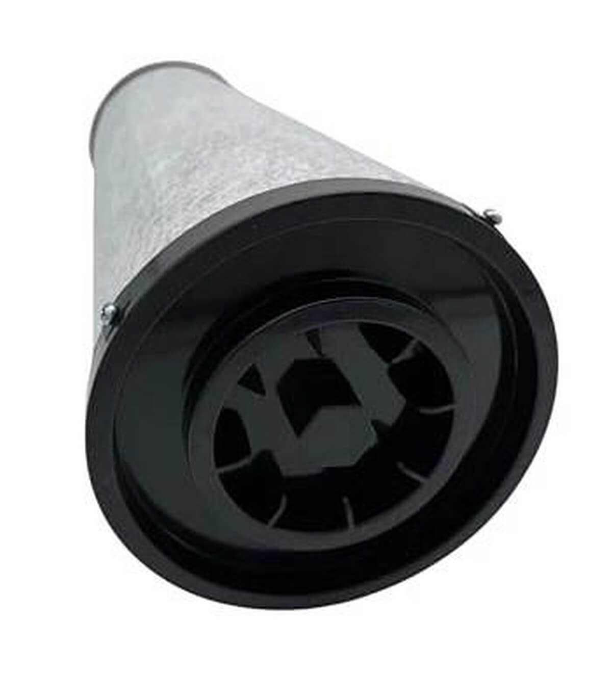 Ein zylindrischer Luftfilter mit schwarzem Kunststoffende und Metallgehäuse.