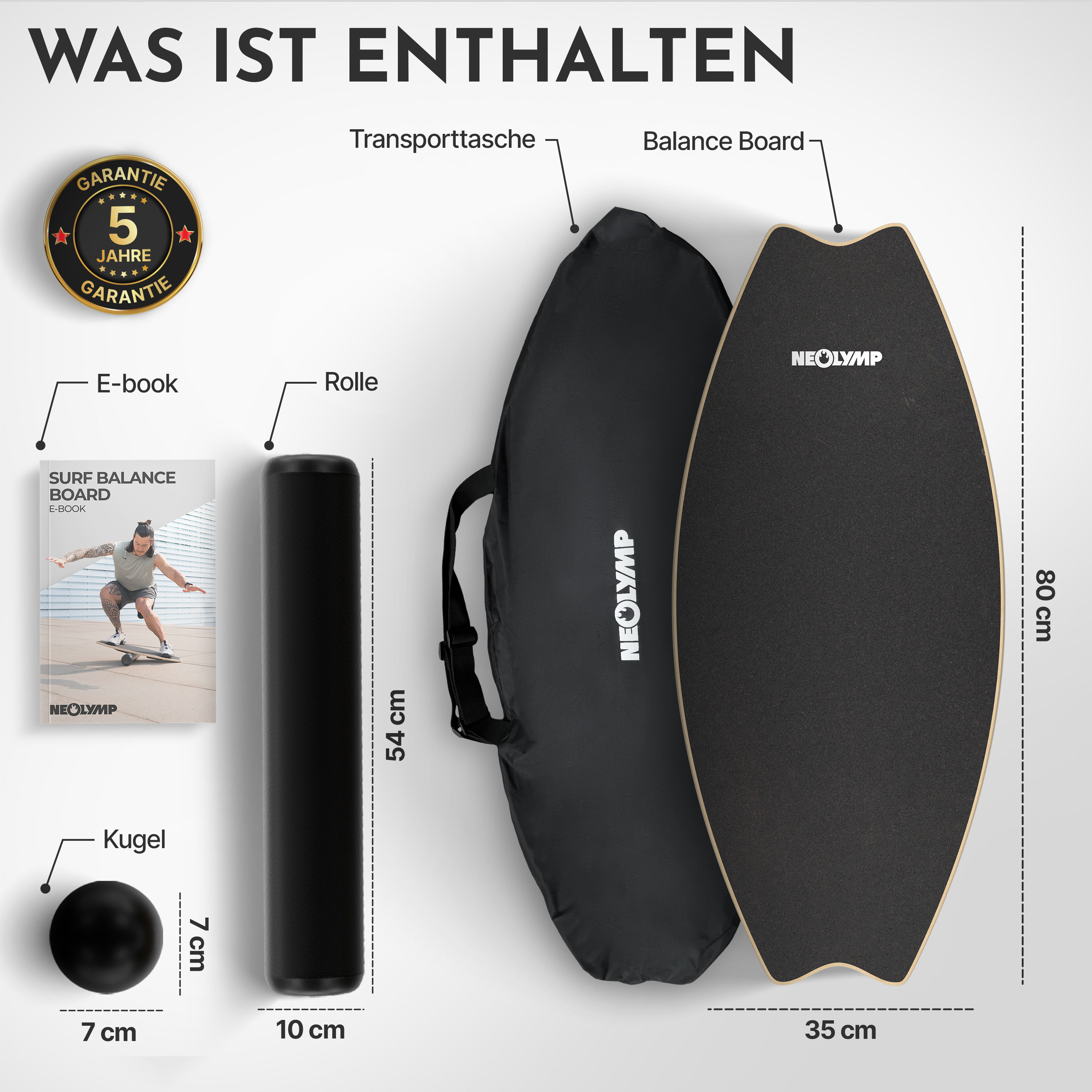 Balance Board Set: Board (80cm), Tasche (54cm), Rolle (10cm), Kugel (7cm), E-Book.
