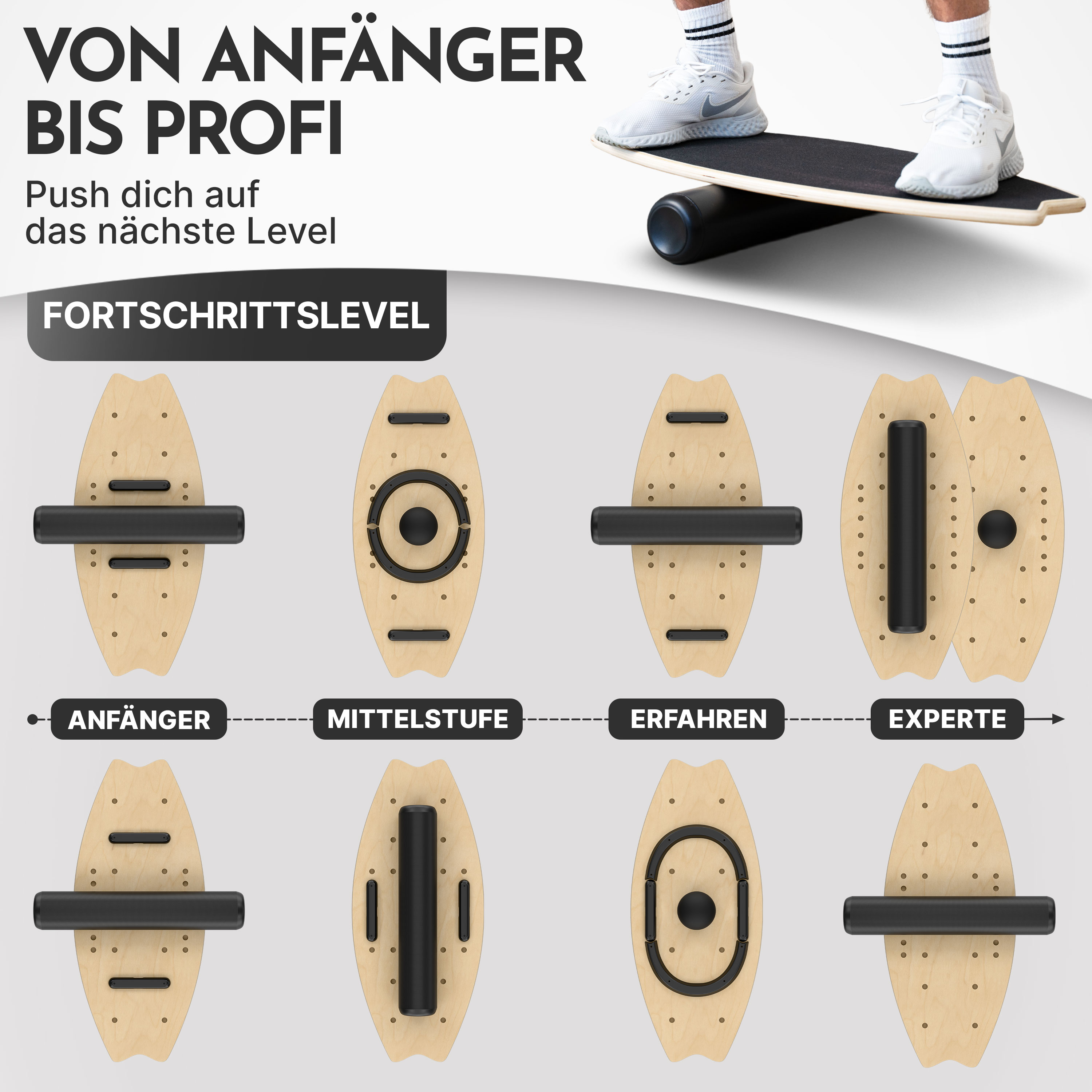 Balance Board mit Rollen in vier Stufen: Anfänger bis Experte.