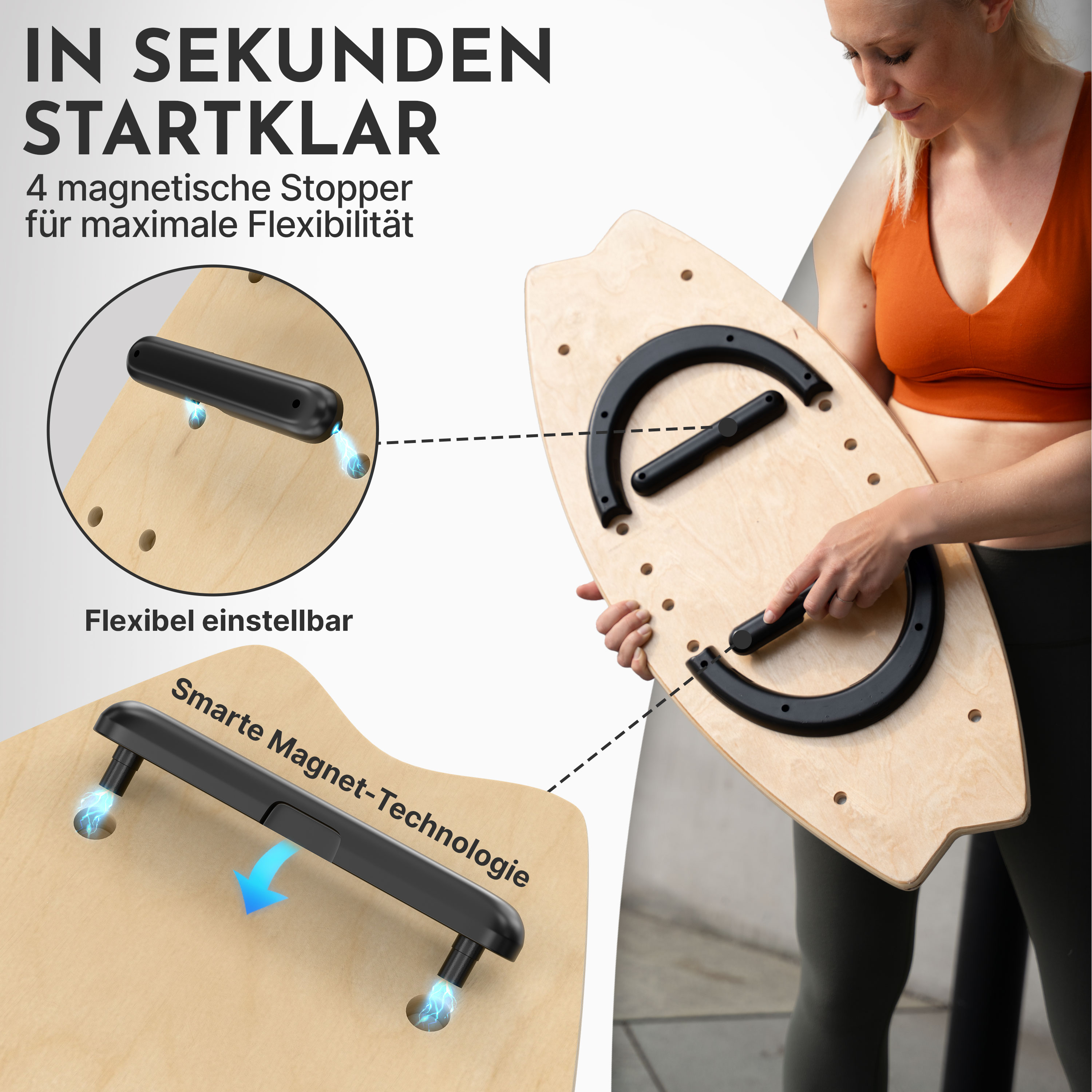 Frau hält ein Holzbrett mit magnetischen Stoppern und schwarzen Griffen.