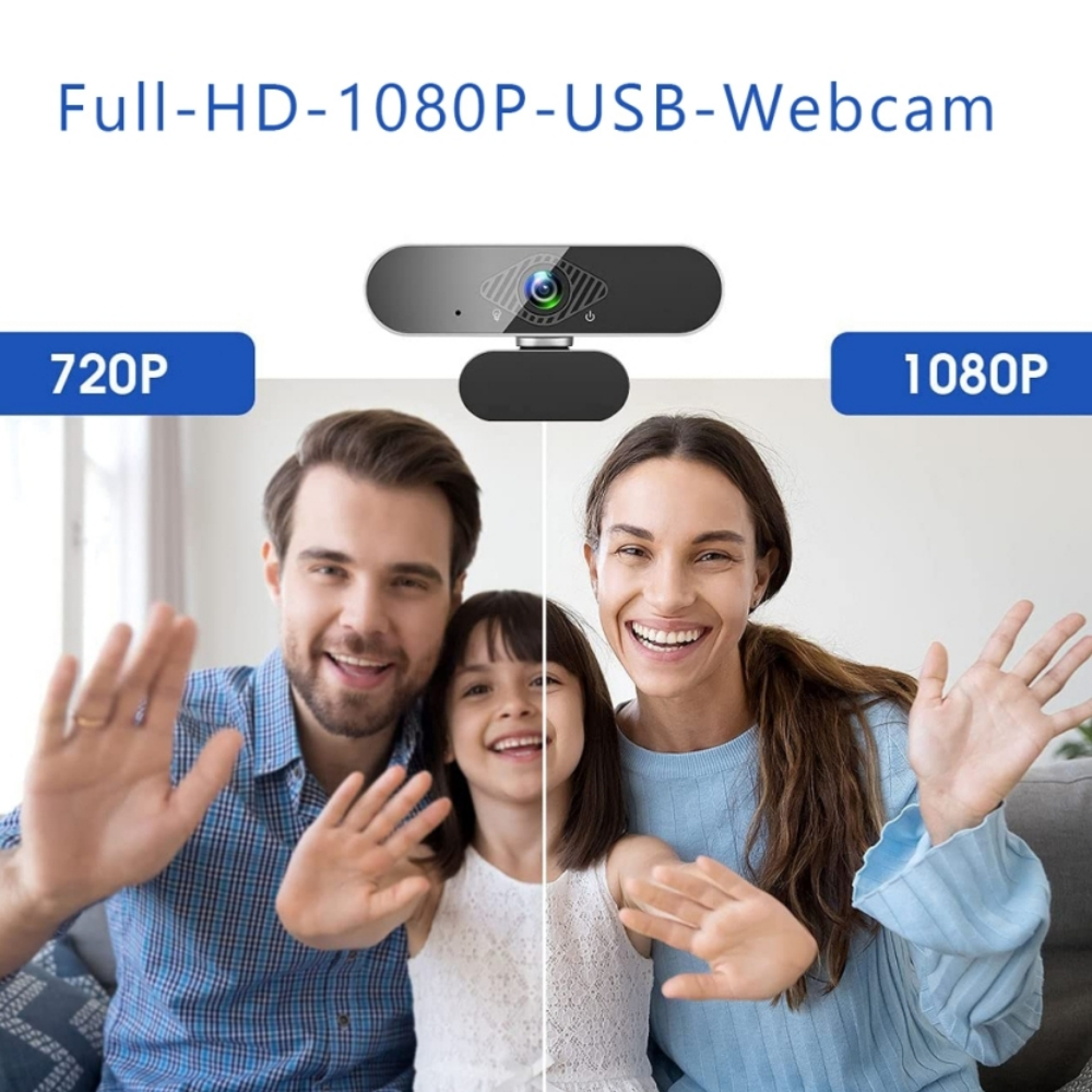 Familie winkt in die Kamera, 720p vs 1080p Vergleich mit Webcam.