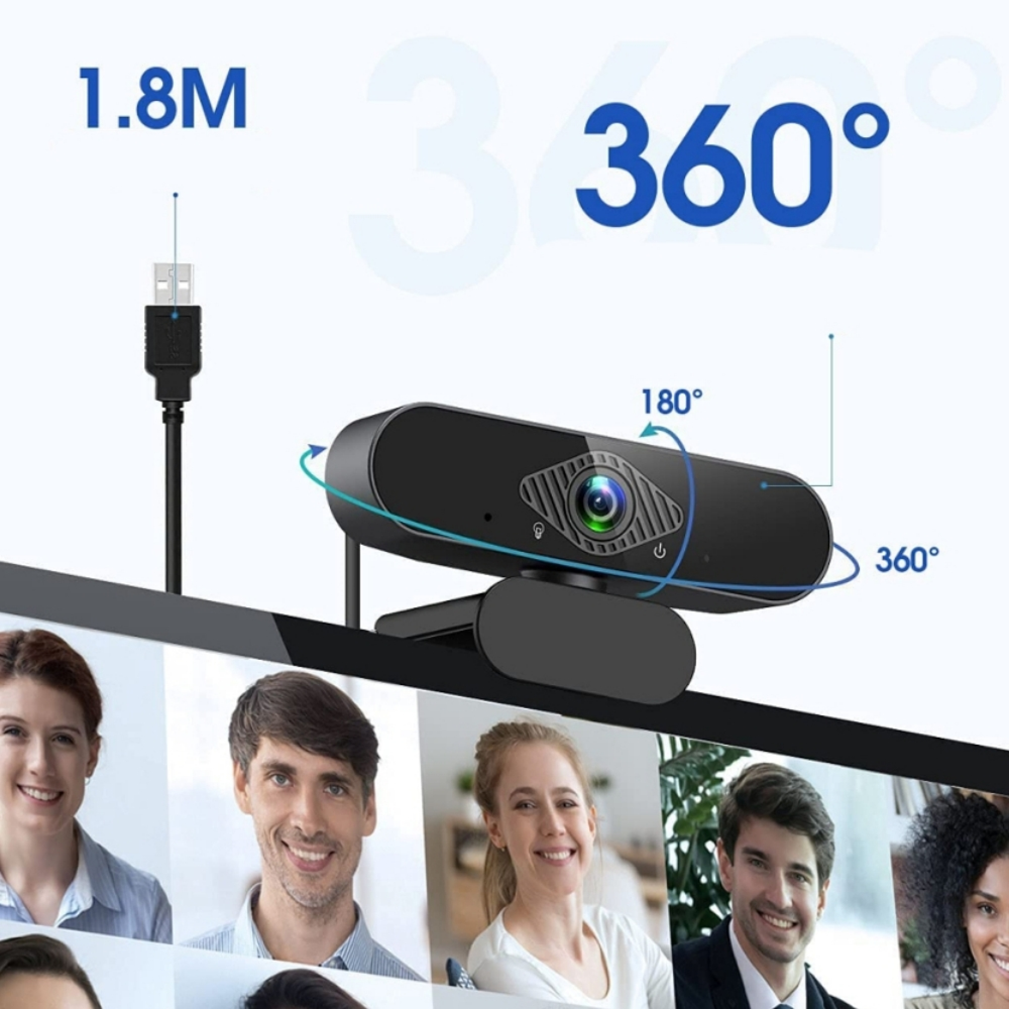 Webcam mit 1,8m Kabel, 360° Drehung, zeigt Videokonferenz-Teilnehmer.