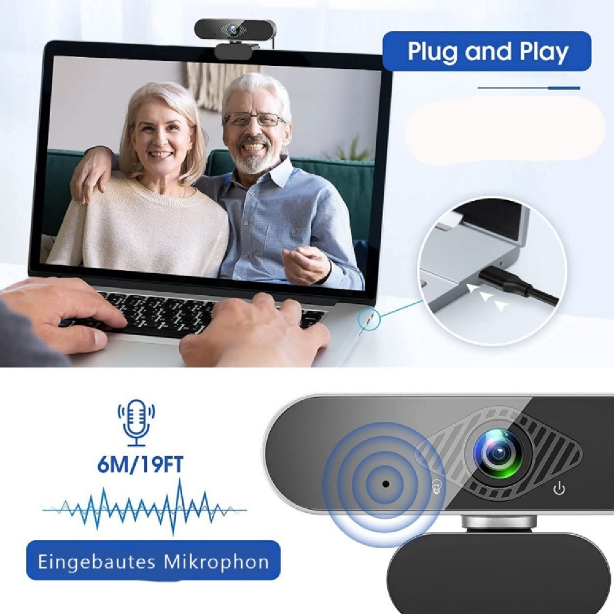 Webcam auf Laptop zeigt lächelndes älteres Paar. Plug and Play gezeigt.