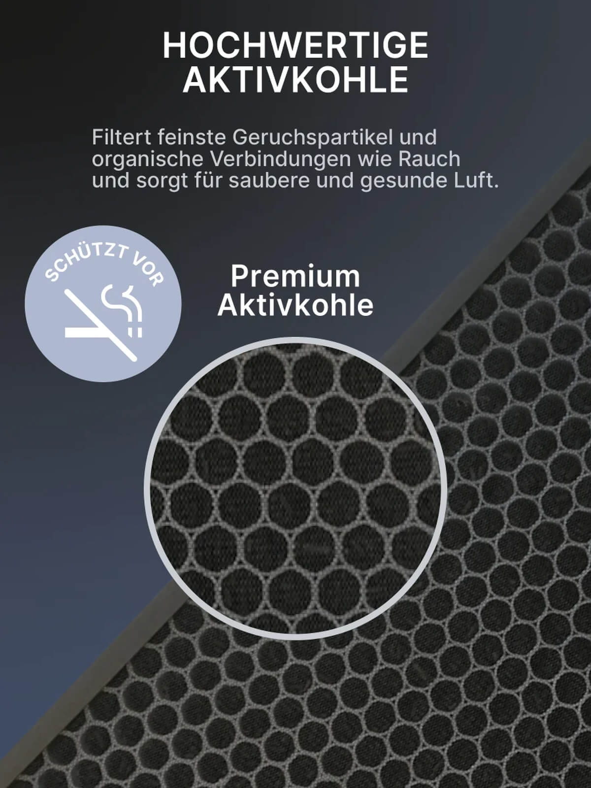 Hochwertige Aktivkohle filtert Gerüche und organische Verbindungen.