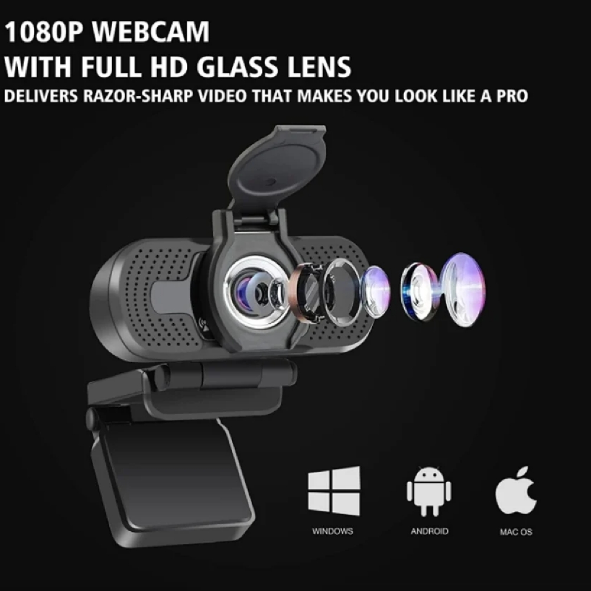 1080p Webcam mit Glaslinse, zeigt Linsenaufbau, Windows-, Android-, Mac-Symbole.