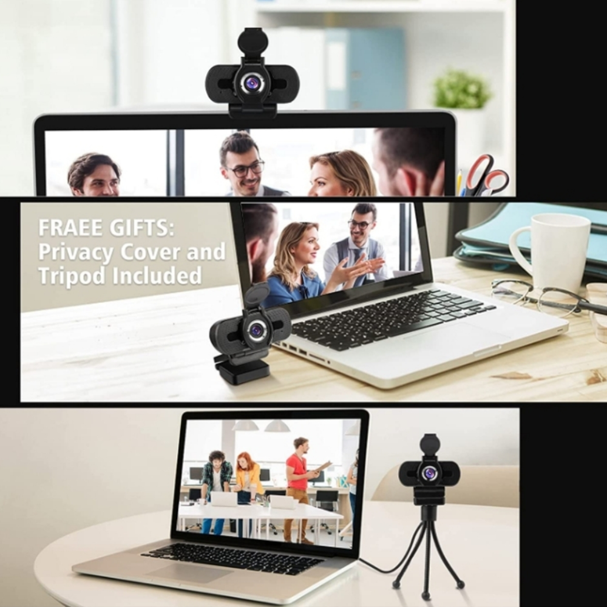 Webcam auf Laptop und Stativ, mit Videokonferenz-Szenen. Geschenkbox.