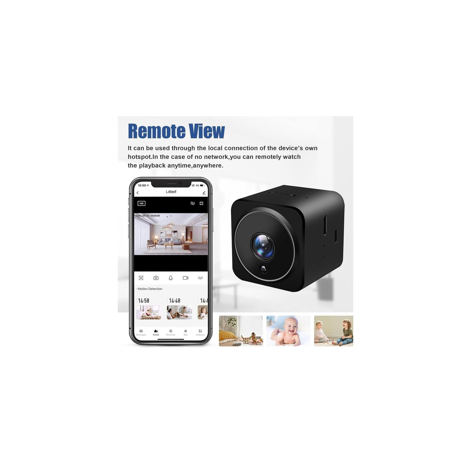 Ein schwarzer Mini-Würfel-Kamera-Monitor zeigt eine App mit Kindern und ein Zuhause.