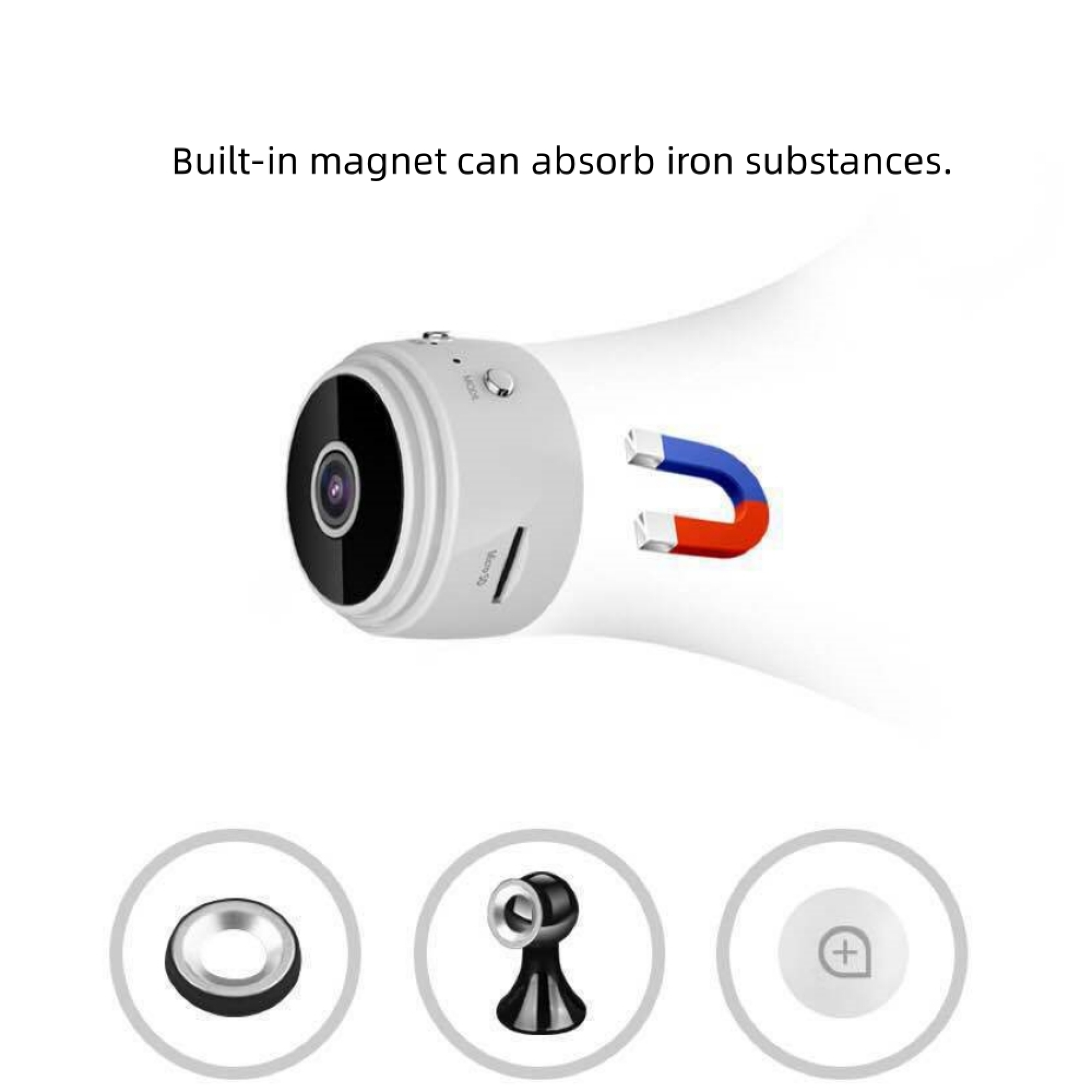 Kleine Kamera mit Magnet und Zubehörteilen.