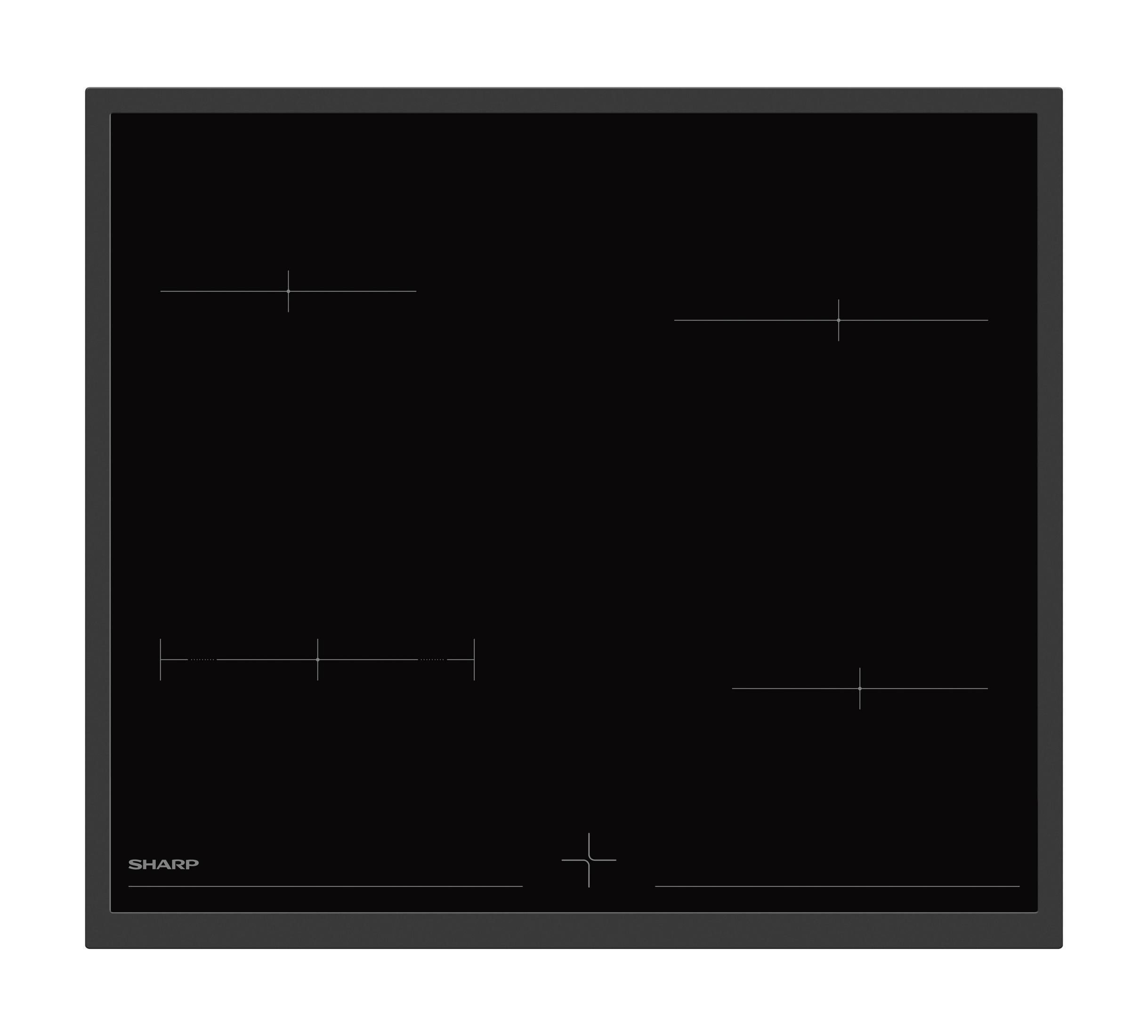 Plaque à induction noire avec quatre zones de cuisson et le logo SHARP.