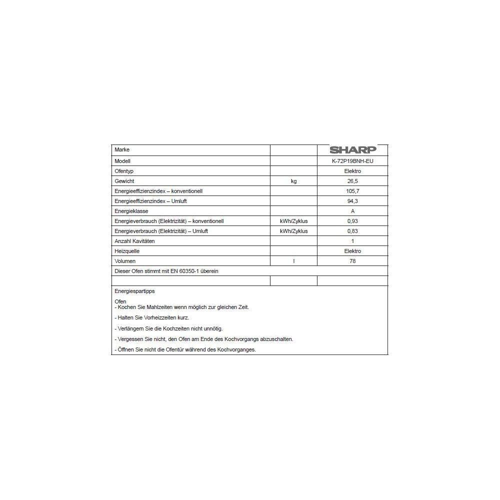 Un tableau présente les spécifications d'un four SHARP, modèle K-72P19BNH-EU.