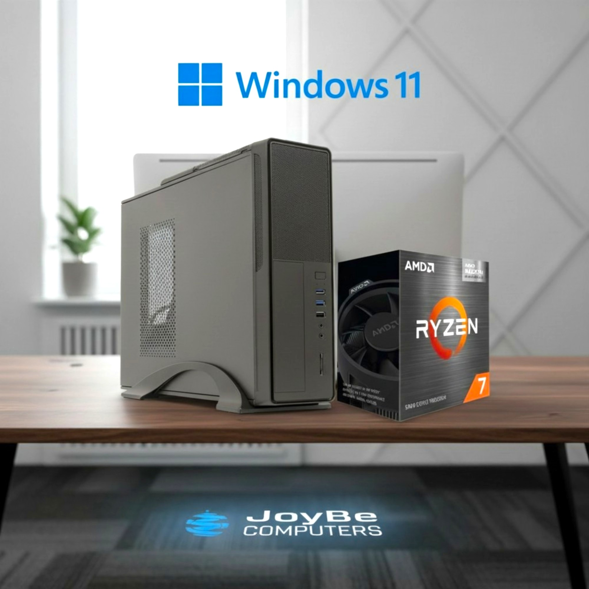 Una caja de PC, una caja de CPU AMD Ryzen 7 y el logo de Windows 11 en un escritorio.