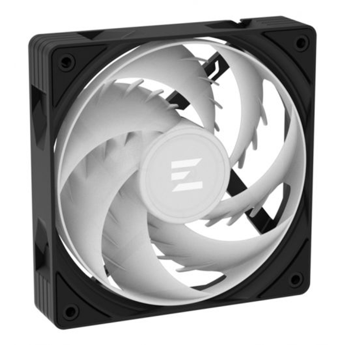 Una ventola per computer nera con pale bianche e un logo al centro.