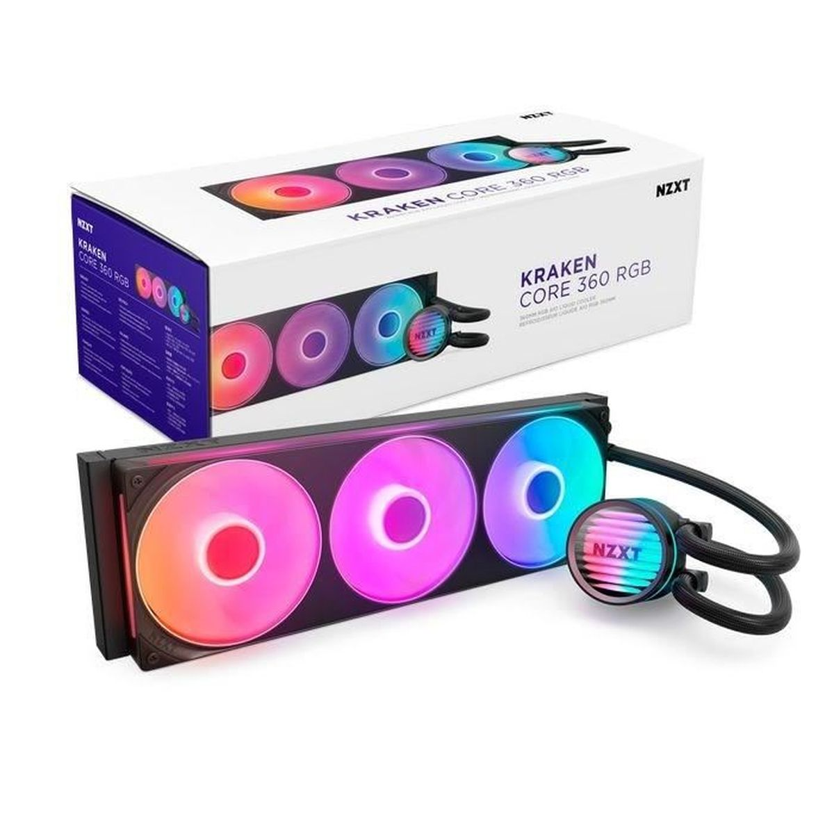 Raffreddatore NZXT Kraken Core 360 RGB con tre ventole RGB e pompa circolare.