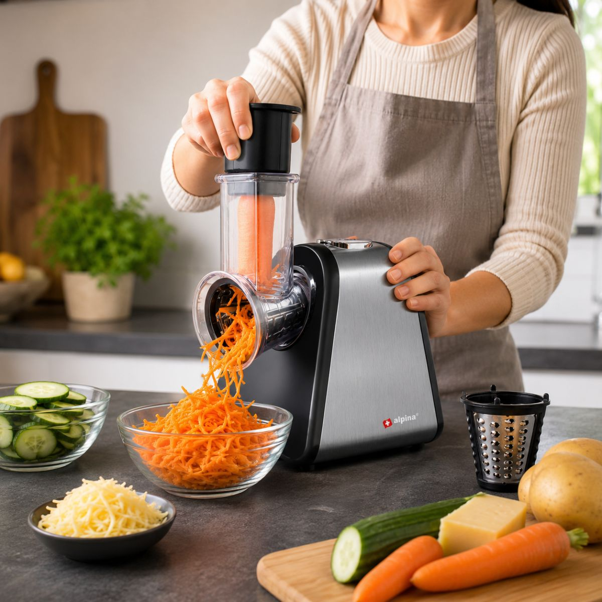 A person uses an electric food processor to shred carrots into a bowl.
