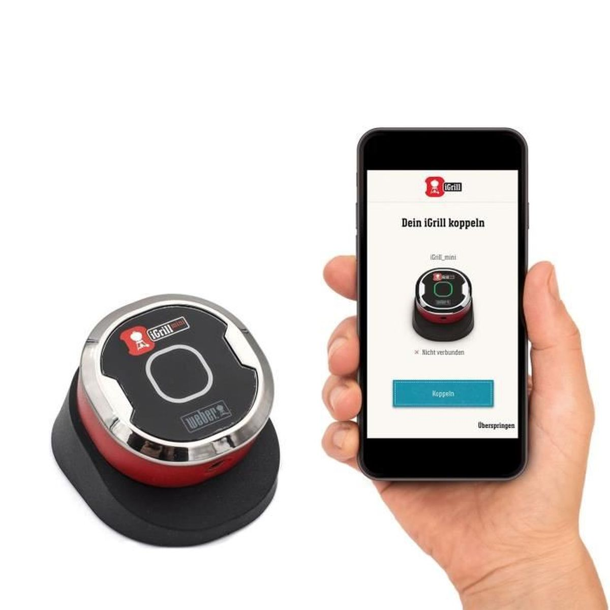 Ein roter iGrill Grillthermometer liegt neben einem Smartphone, das die iGrill App zeigt.