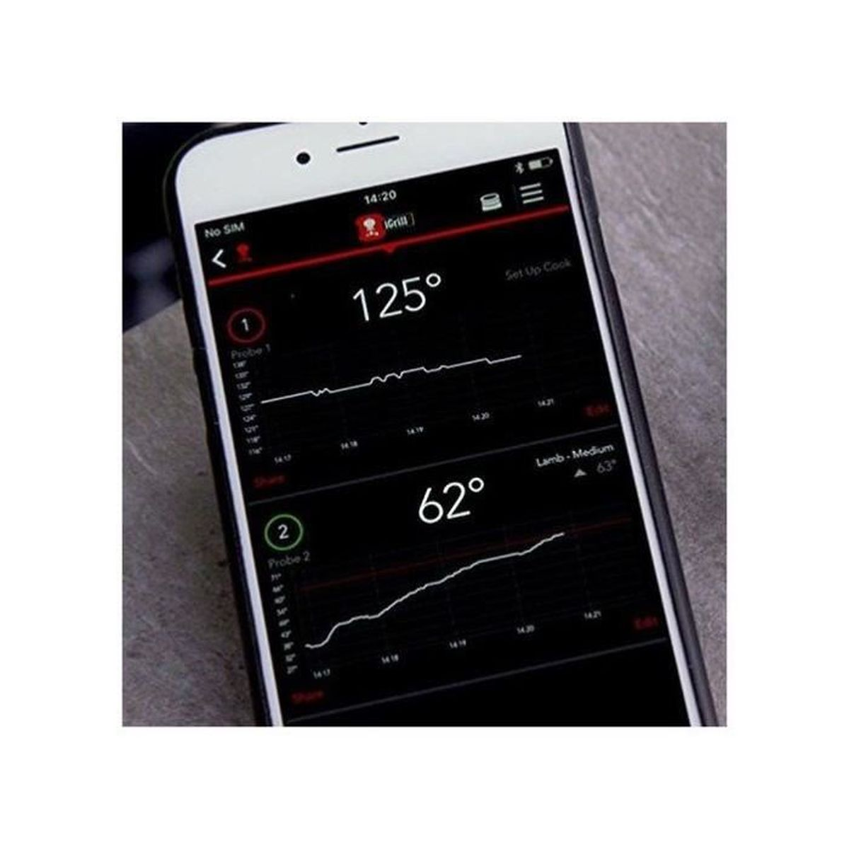 Ein Smartphone zeigt eine Grill-App mit zwei Temperaturkurven an.