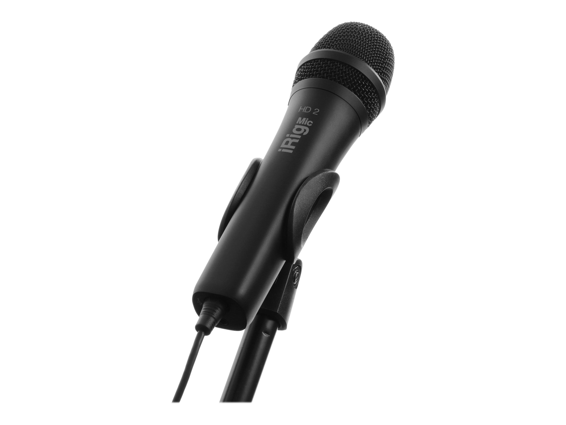 Ein schwarzes iRig HD 2 Mikrofon auf einem Stativ, isoliert auf weißem Hintergrund.