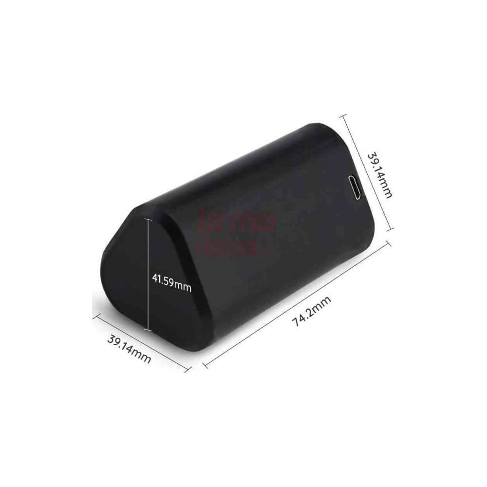 Oggetto prisma triangolare nero con dimensioni 74.2mm, 41.59mm, 39.14mm.