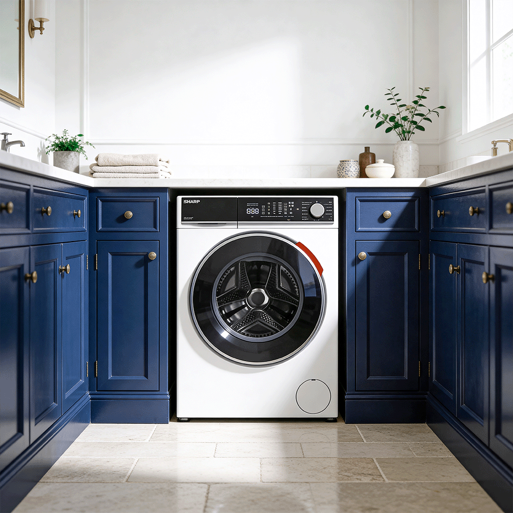 A white washing machine is placed between dark blue cabinets with brass handles.