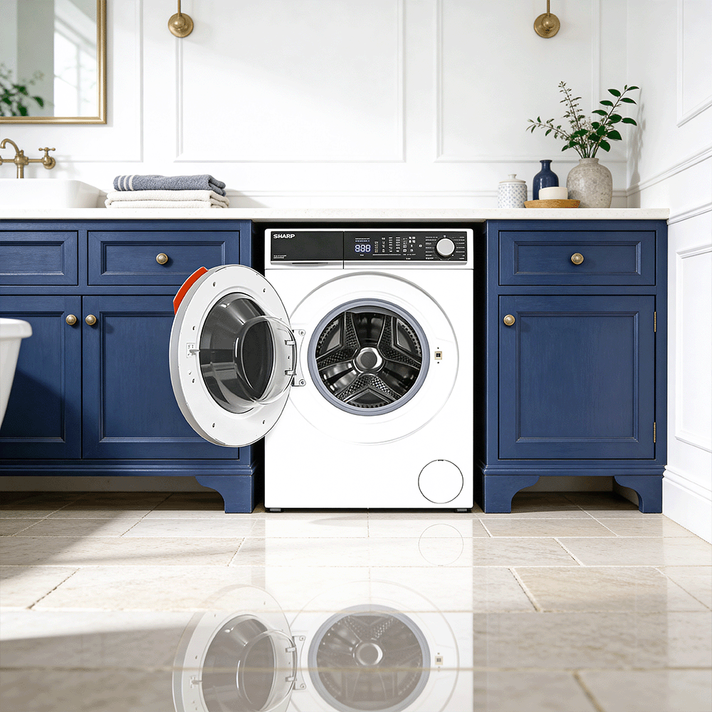 A white washing machine with an open door stands between navy blue cabinets.