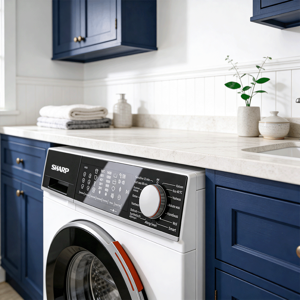 A white washing machine with a control panel sits next to navy blue cabinets in a laundry room.