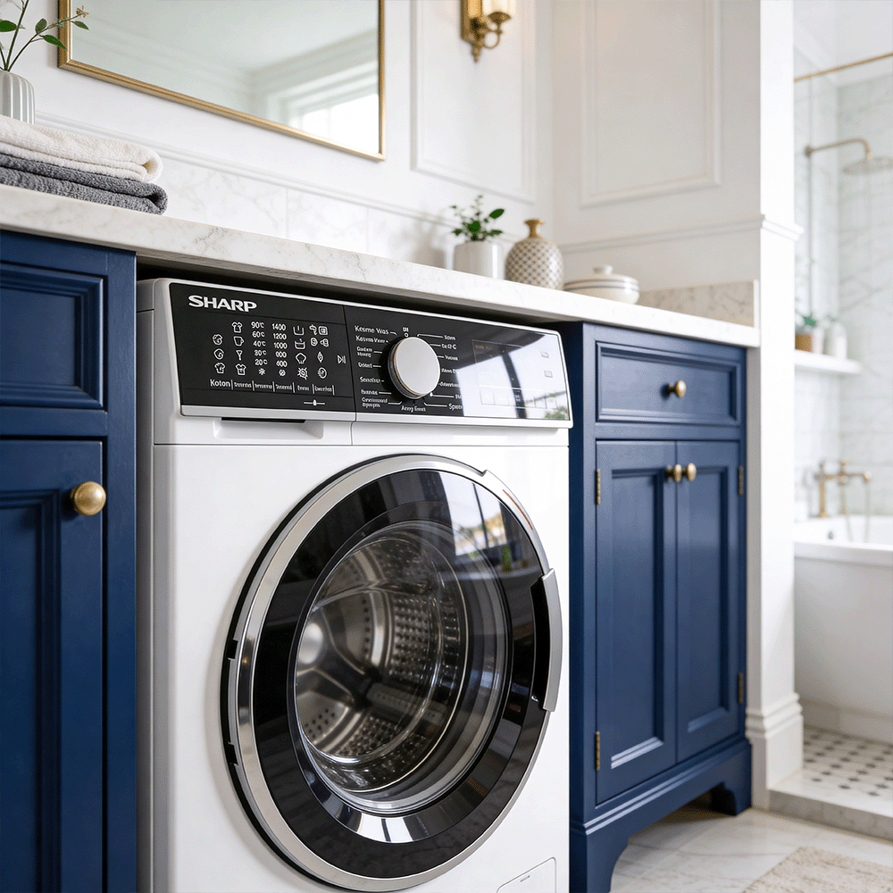 A white SHARP washing machine with dark cabinets in a bathroom setting.