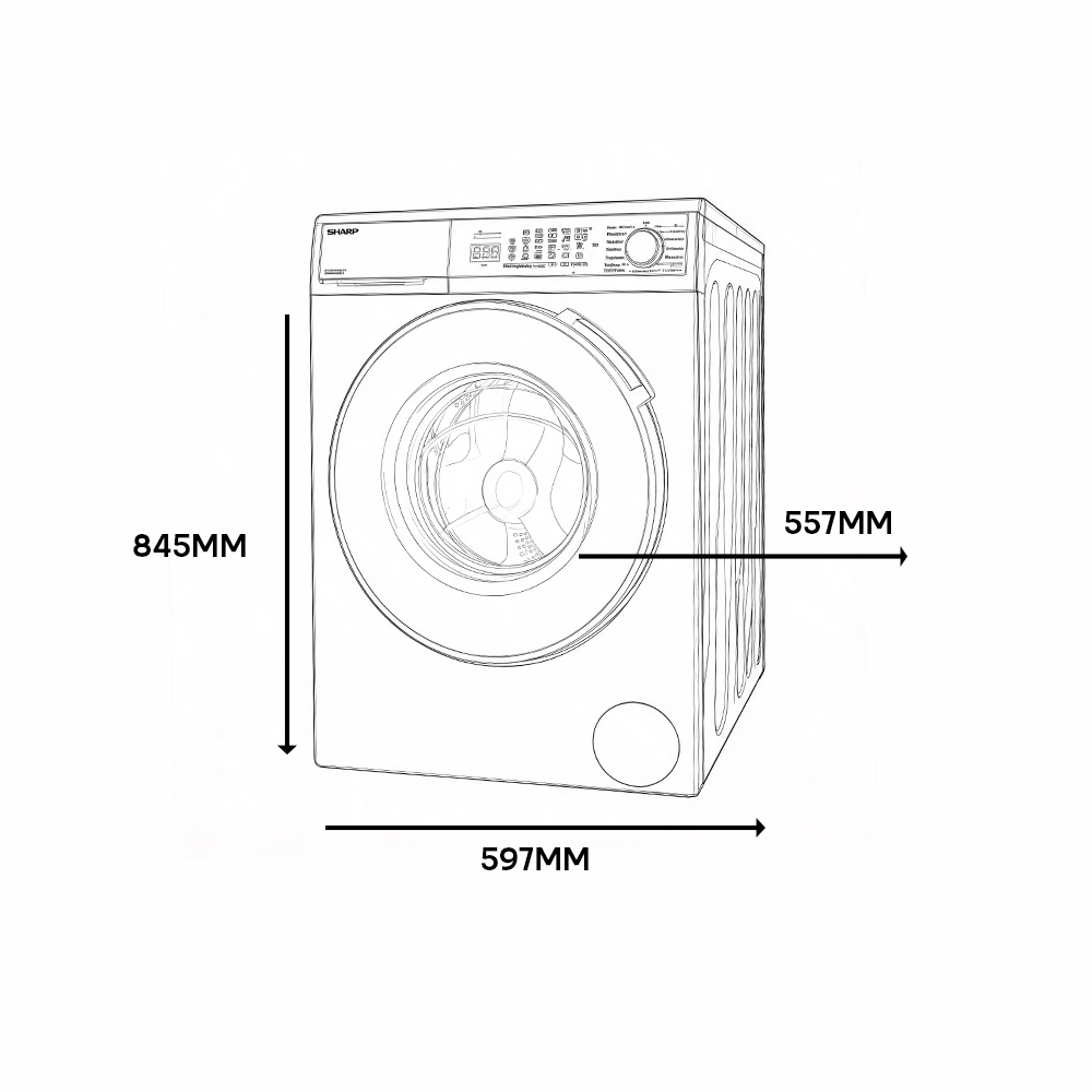Washing machine with dimensions 845mm H, 597mm W, 557mm D and control panel.