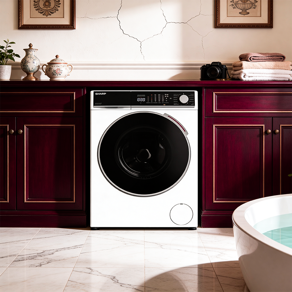 A white washing machine with a black door sits beneath a dark cabinet.