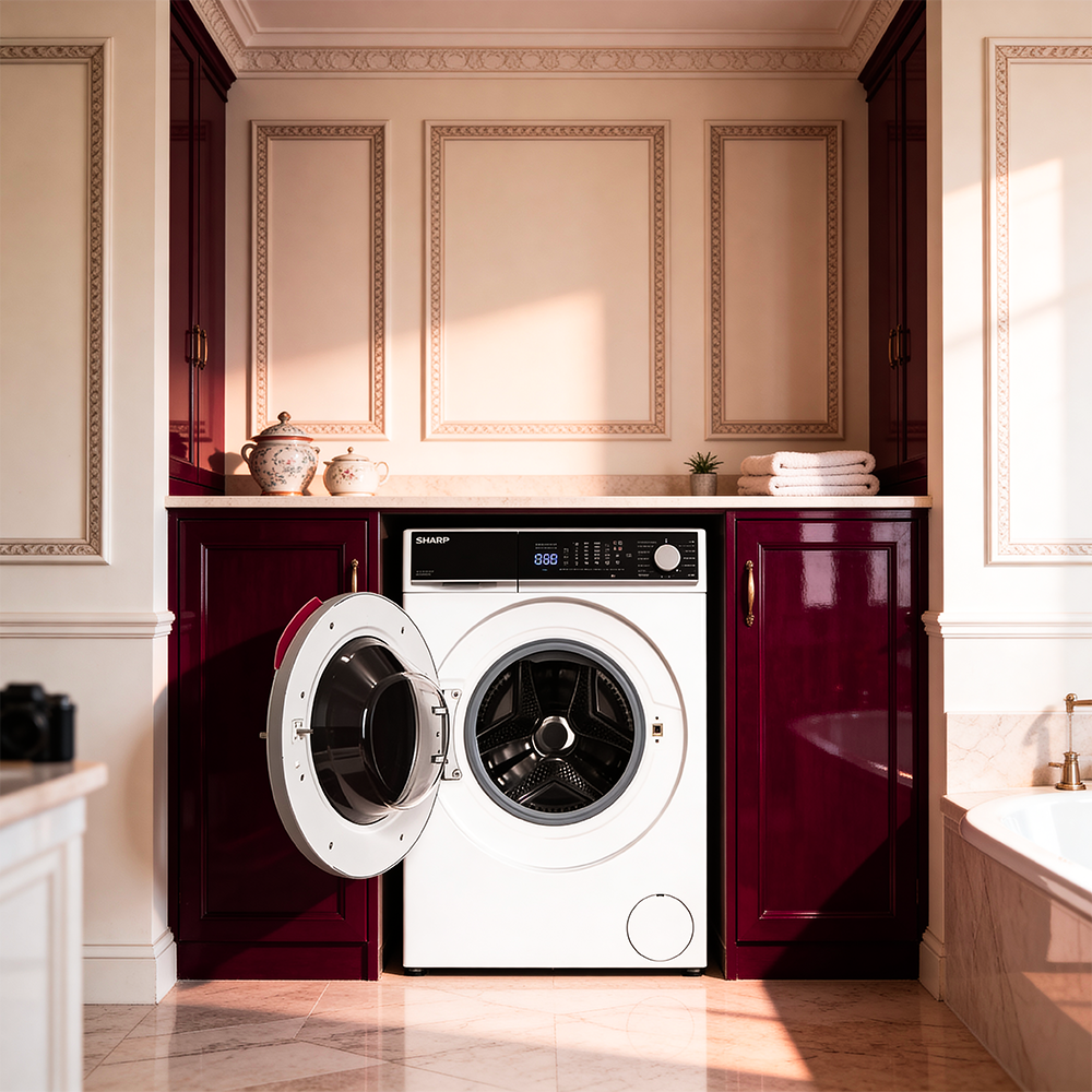 A white washing machine with an open door is in a luxurious bathroom setting.