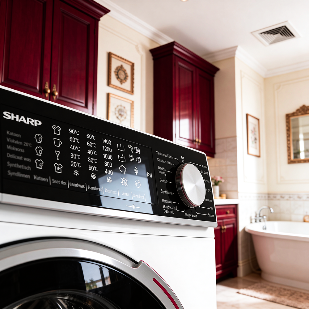 Front view of a white washing machine with a black control panel and opulent cabinets.