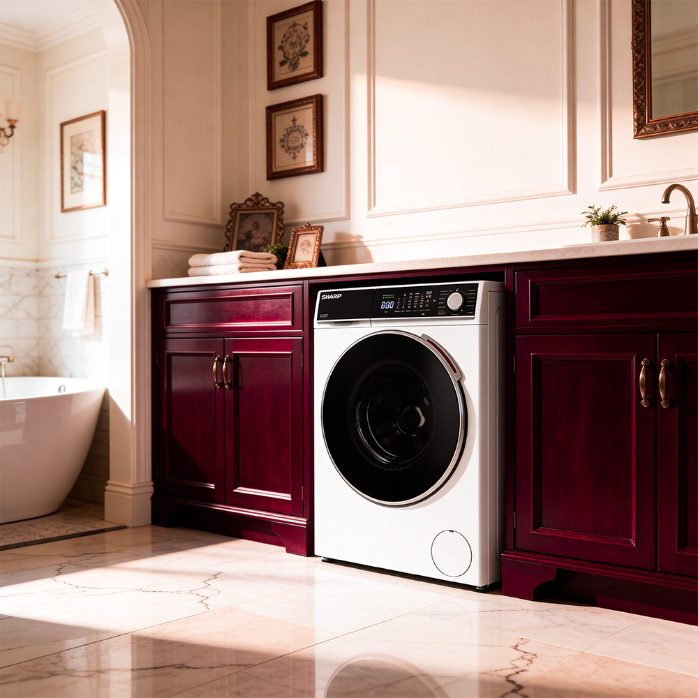 A white washing machine sits between two dark red cabinets in a luxurious bathroom with marble floors.