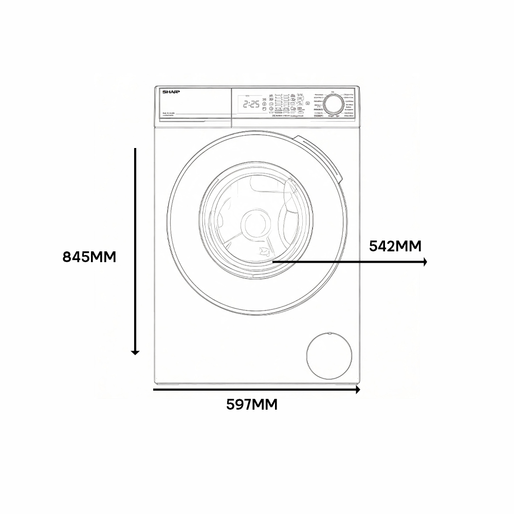 Line drawing of a Sharp washing machine with dimensions: height 845mm, width 597mm, depth 542mm.