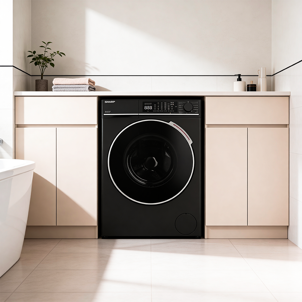 A black washing machine with a silver rim stands in a bathroom next to cream-colored cabinets.