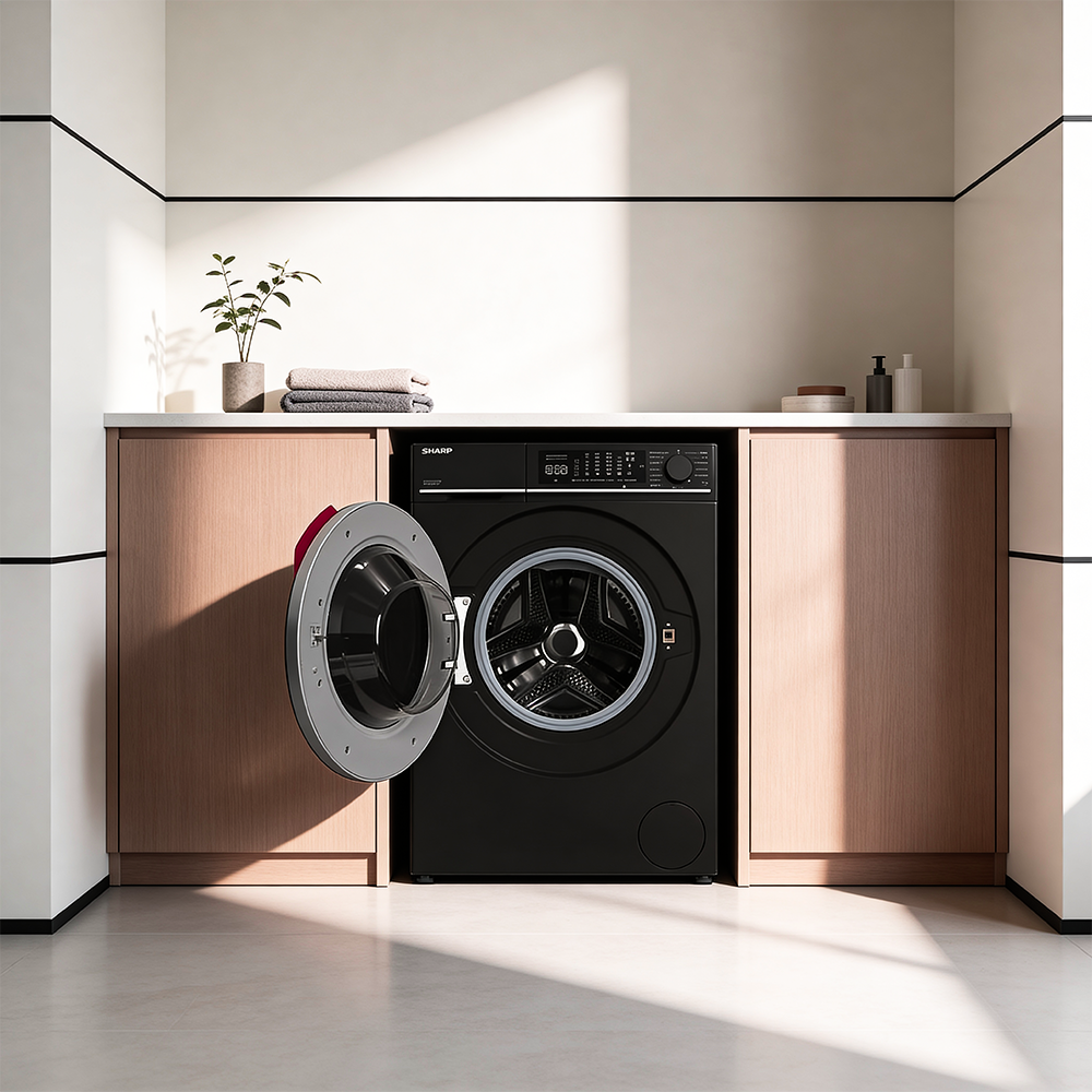 Black washing machine with open door, next to wooden cabinets.