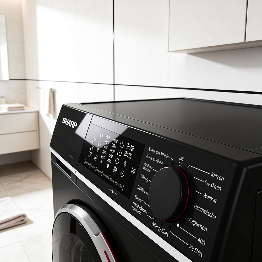 Close-up of a black washing machine control panel and digital display in a bathroom.