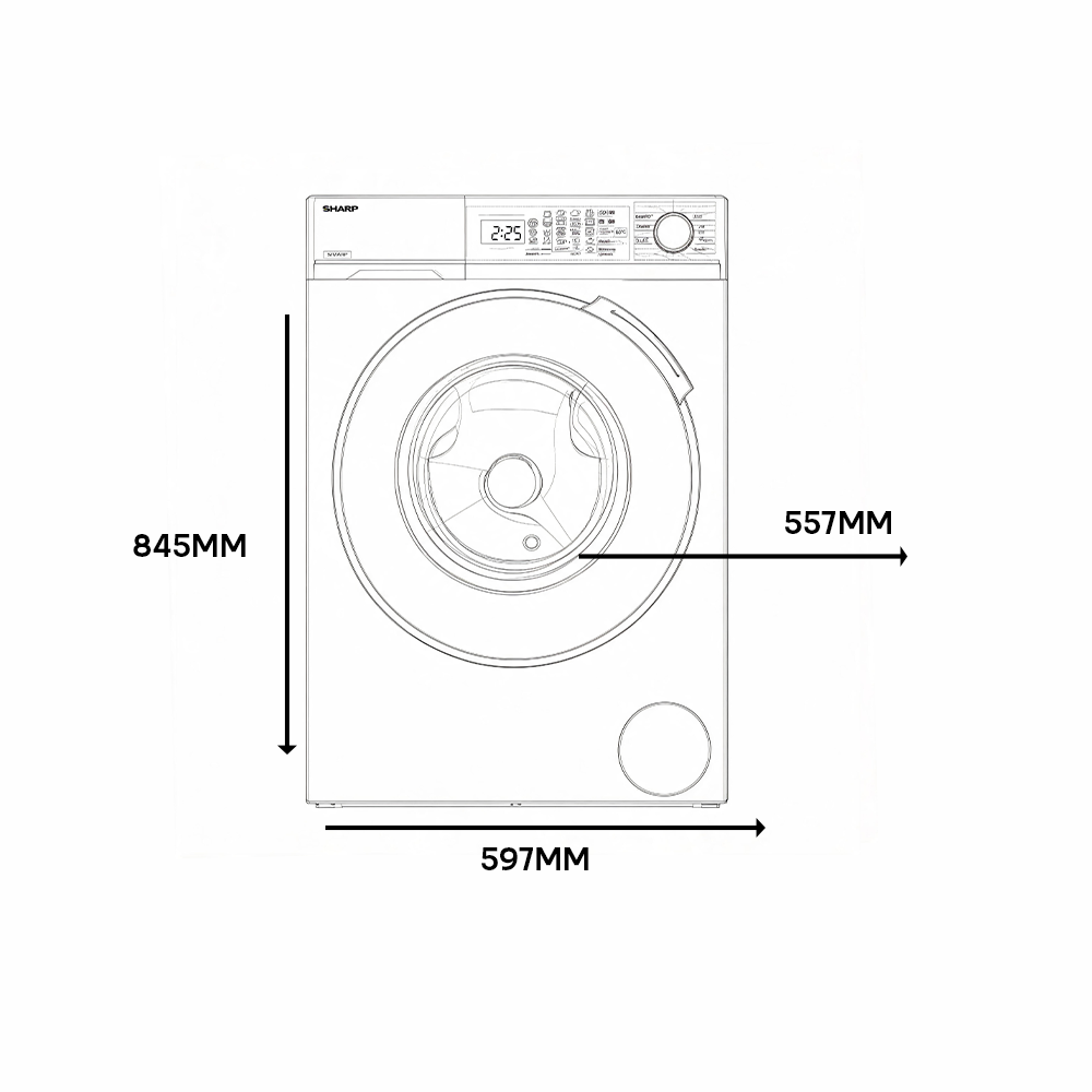 Line drawing of a Sharp washing machine. Dimensions: 845mm height, 597mm width, 557mm depth.